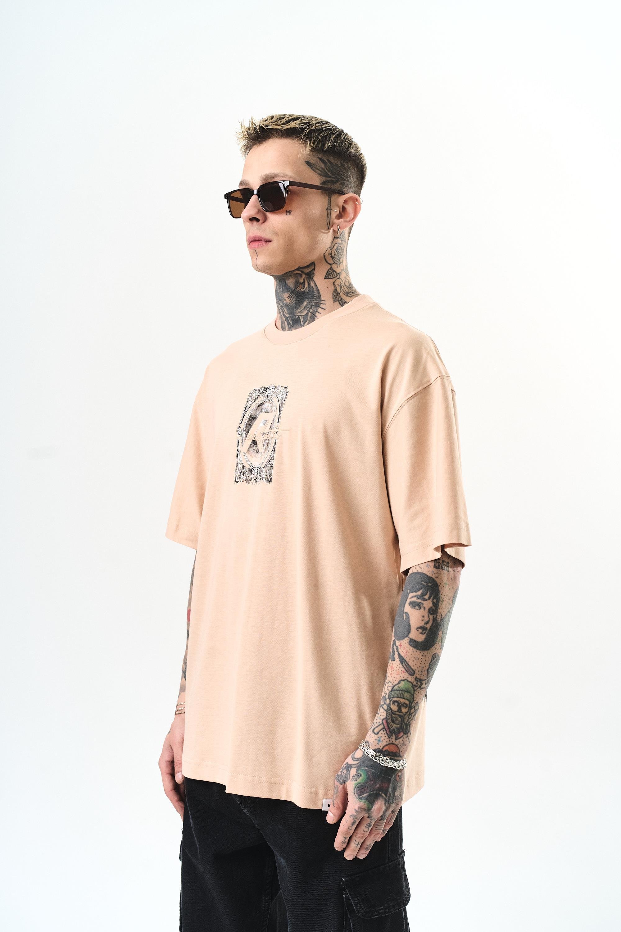 Erkek Indefinite Baskılı Oversize T-Shirt Bej
