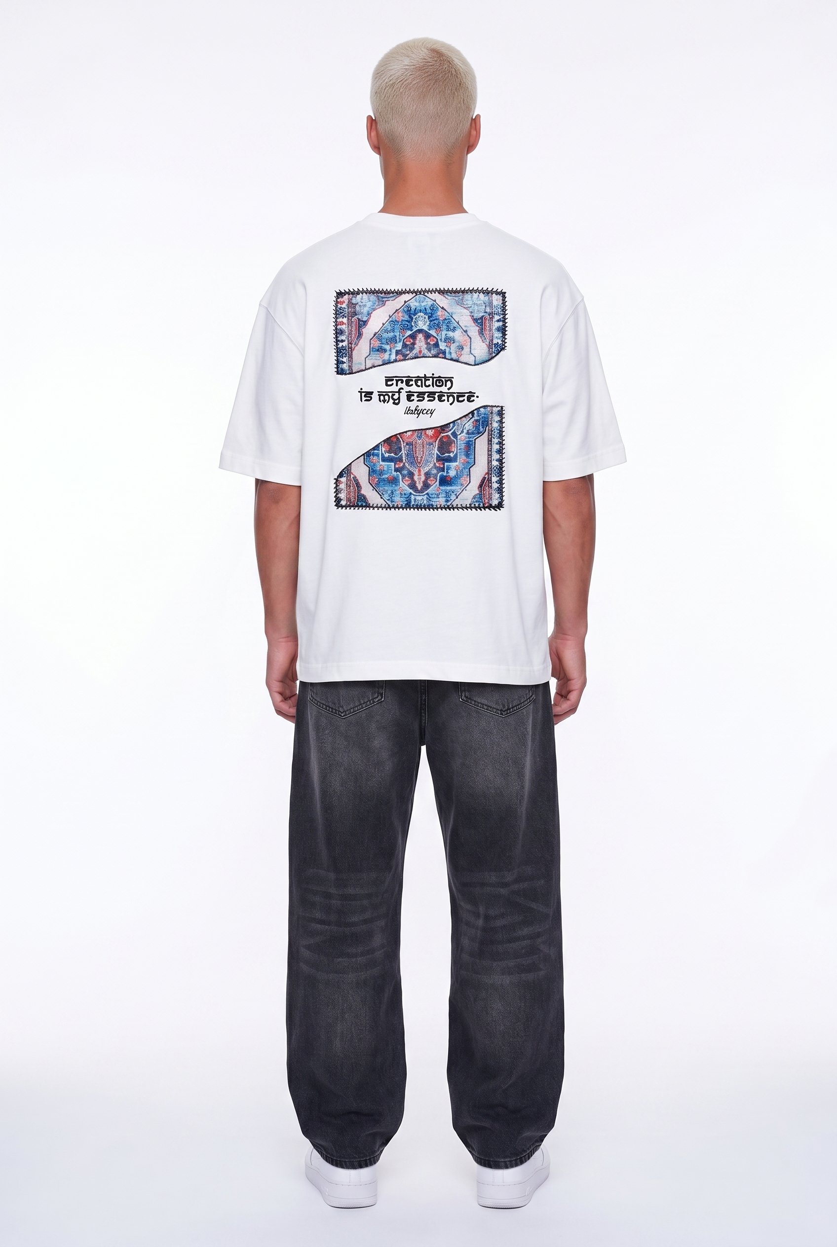 Erkek Itsbyzey Nakış Detaylı Oversize T-Shirt Ekru