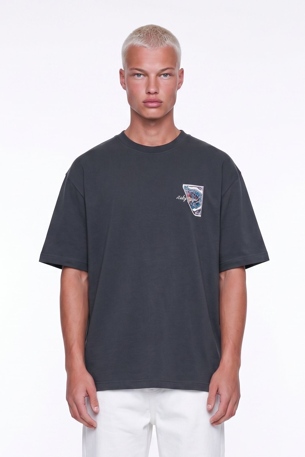 Erkek Itsbyzey Nakış Detaylı Oversize T-Shirt Füme