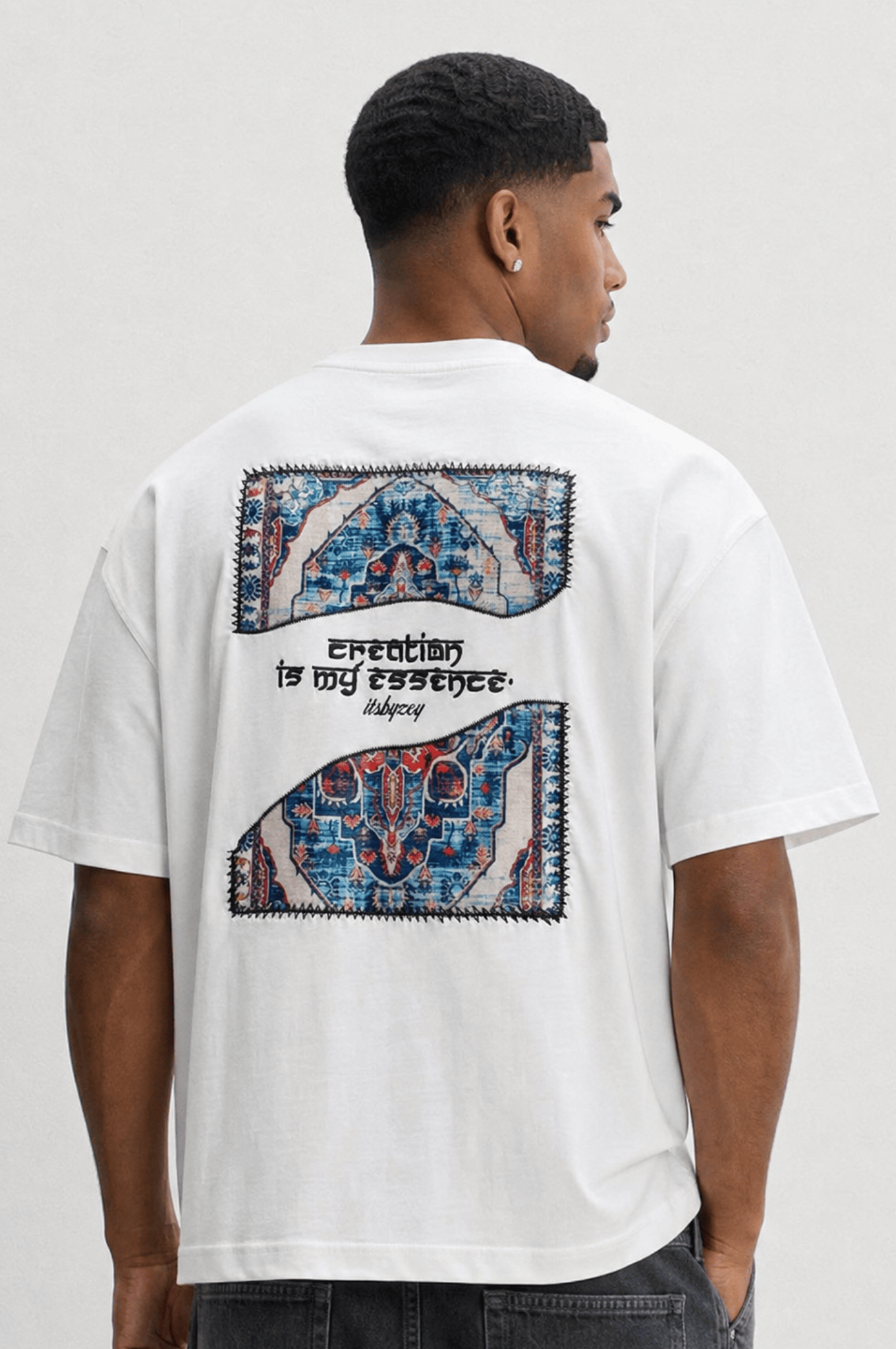 Erkek Itsbyzey Nakış Detaylı Oversize T-Shirt Ekru
