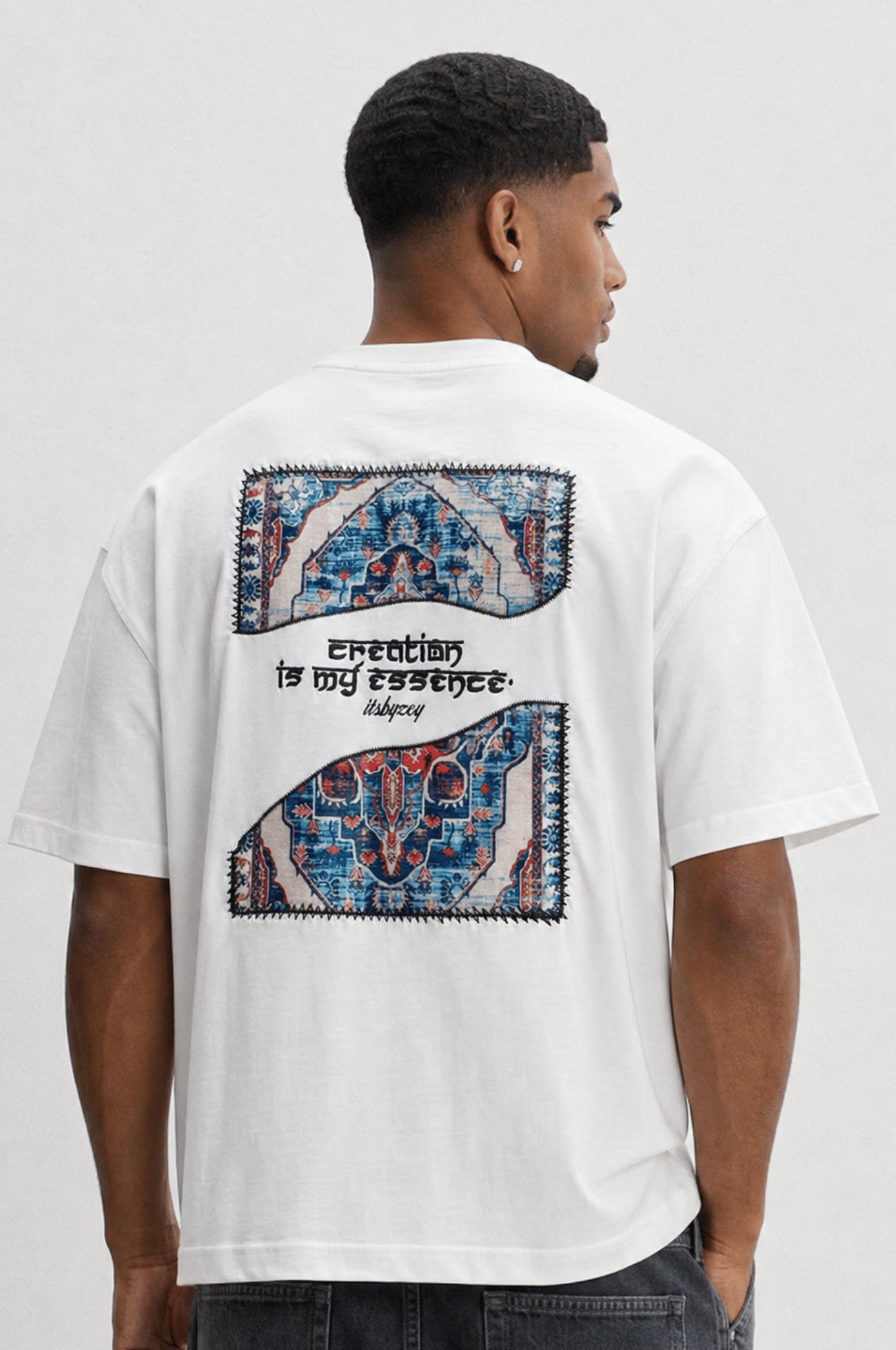 Erkek Itsbyzey Nakış Detaylı Oversize T-Shirt Ekru