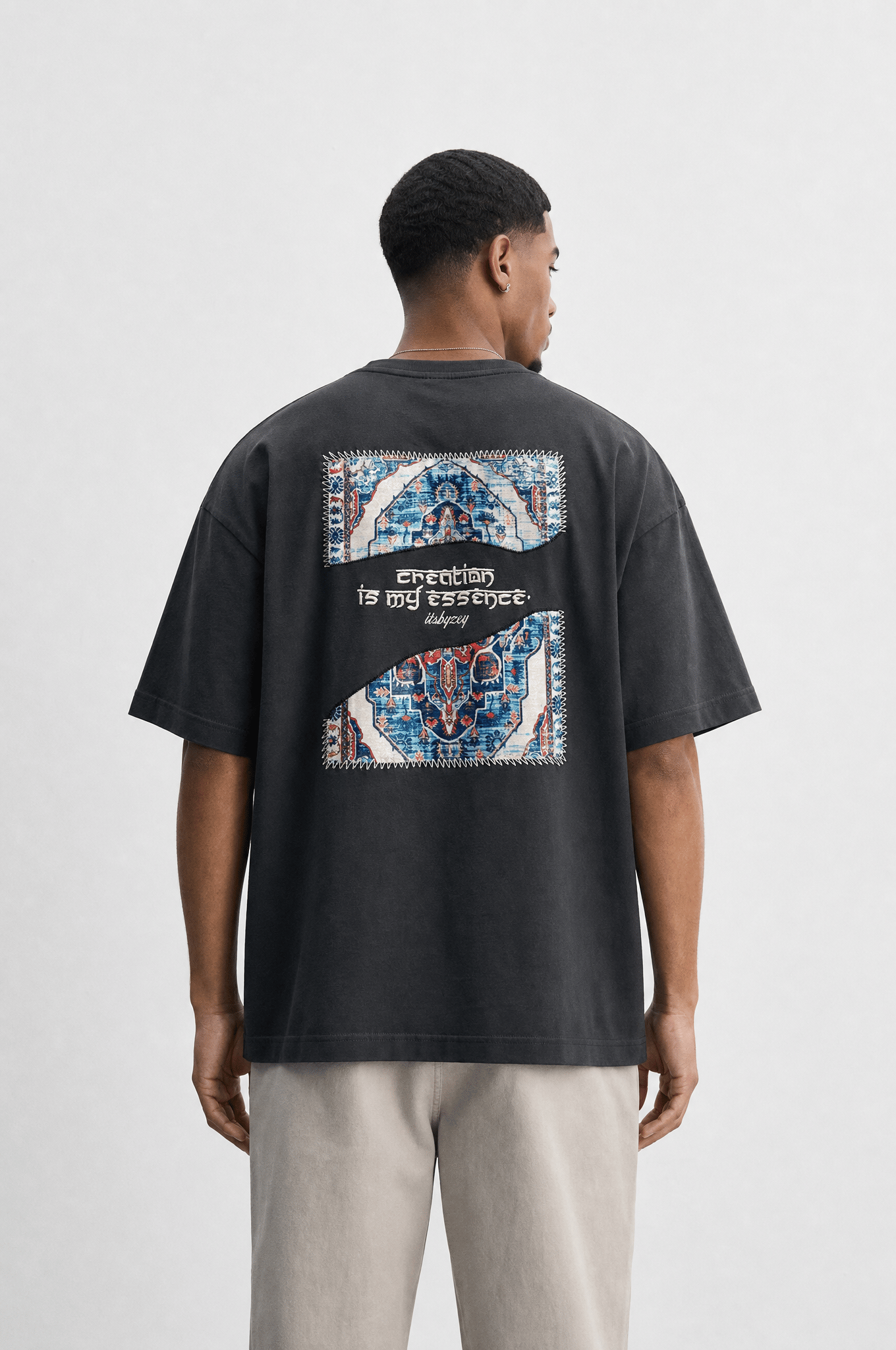 Erkek Itsbyzey Nakış Detaylı Oversize T-Shirt Füme