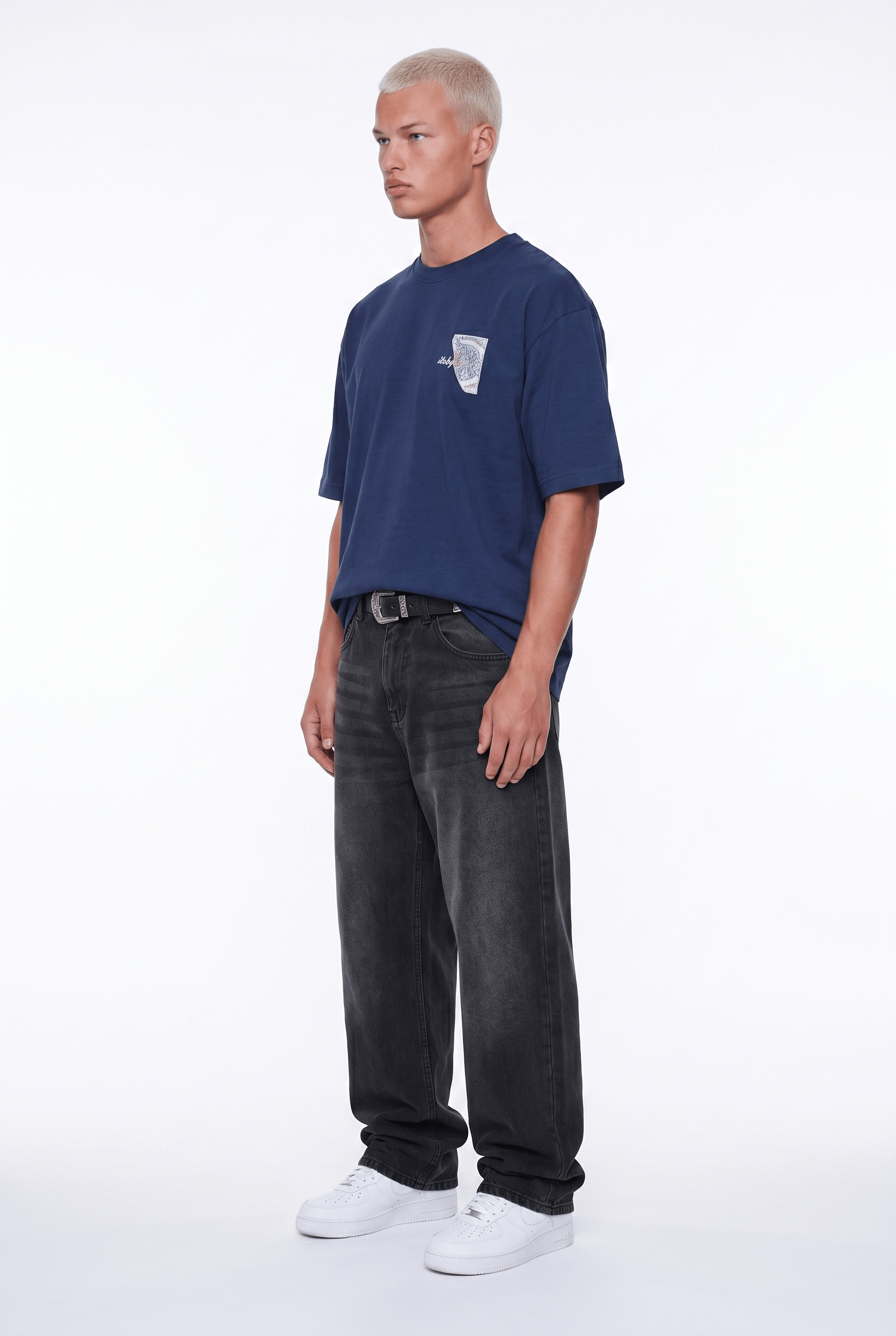 Erkek Itsbyzey Nakış Detaylı Oversize T-Shirt Lacivert