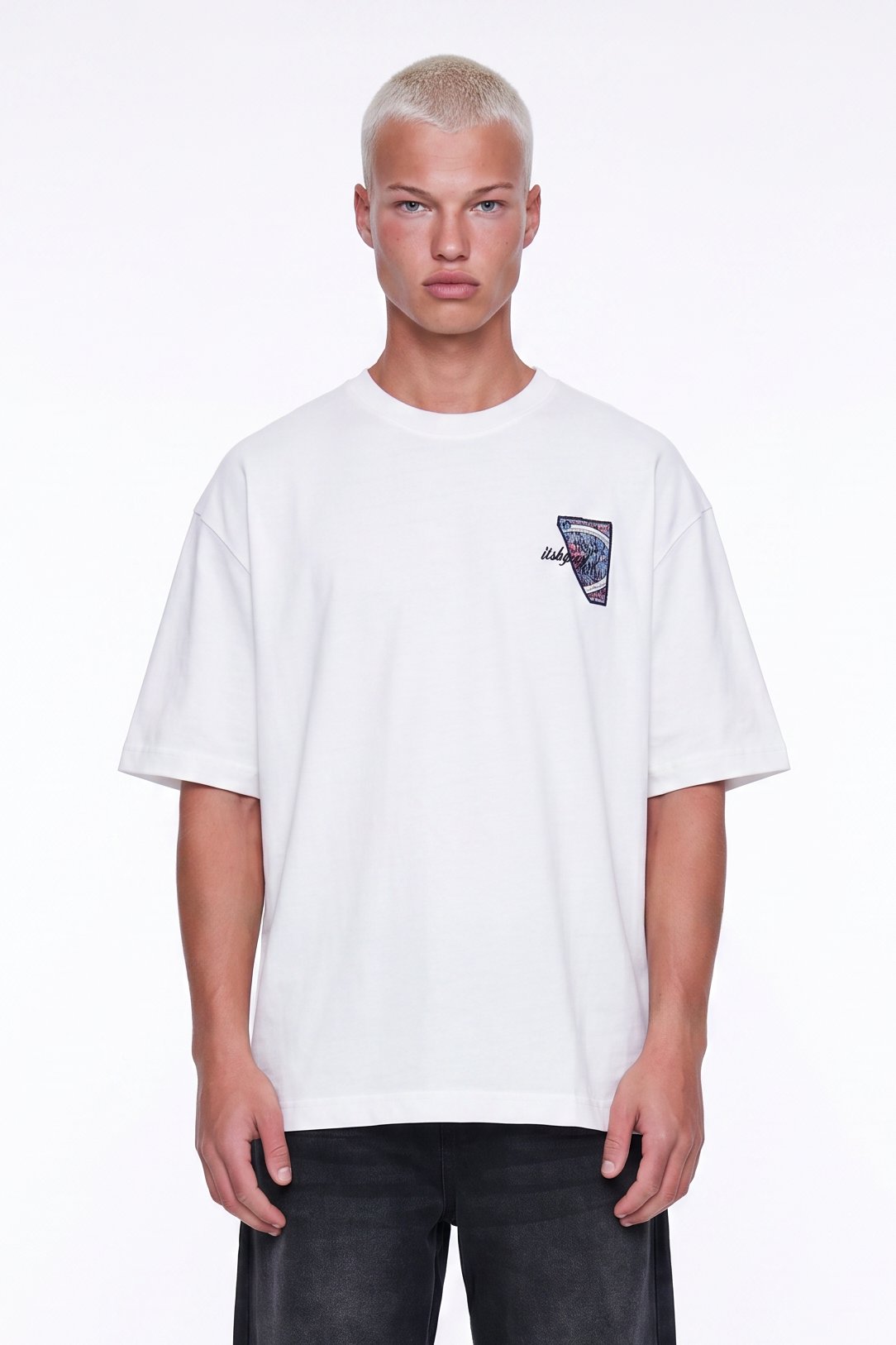 Erkek Itsbyzey Nakış Detaylı Oversize T-Shirt Ekru