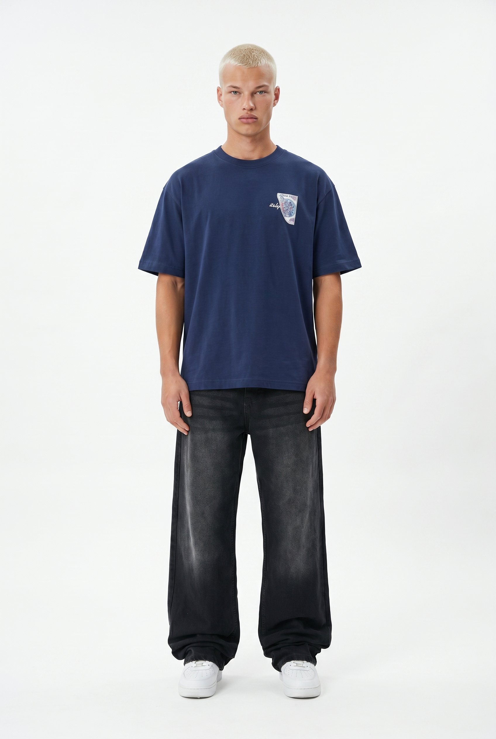Erkek Itsbyzey Nakış Detaylı Oversize T-Shirt Lacivert
