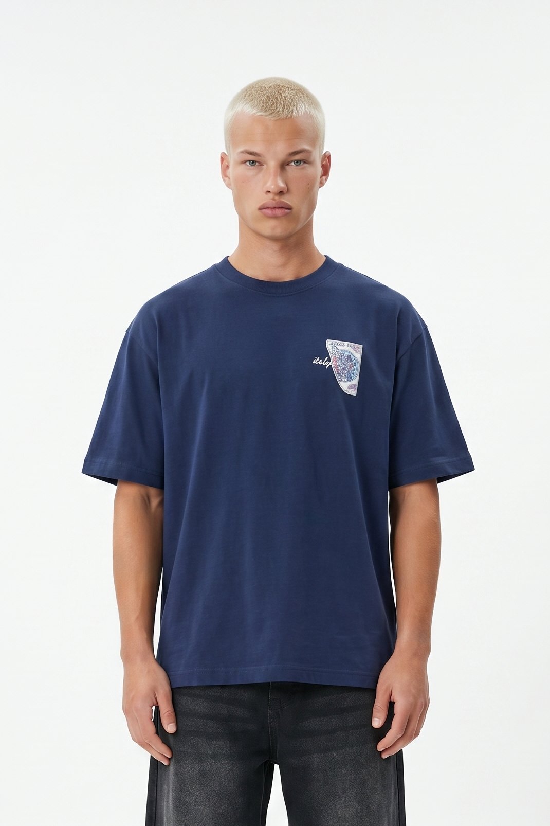 Erkek Itsbyzey Nakış Detaylı Oversize T-Shirt Lacivert