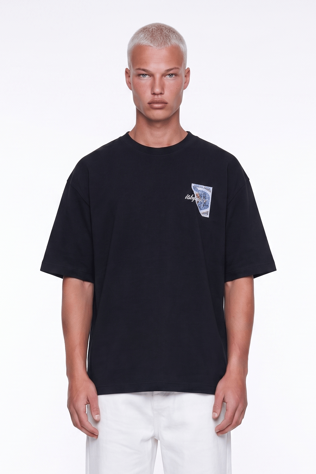 Erkek Itsbyzey Nakış Detaylı Oversize T-Shirt Siyah