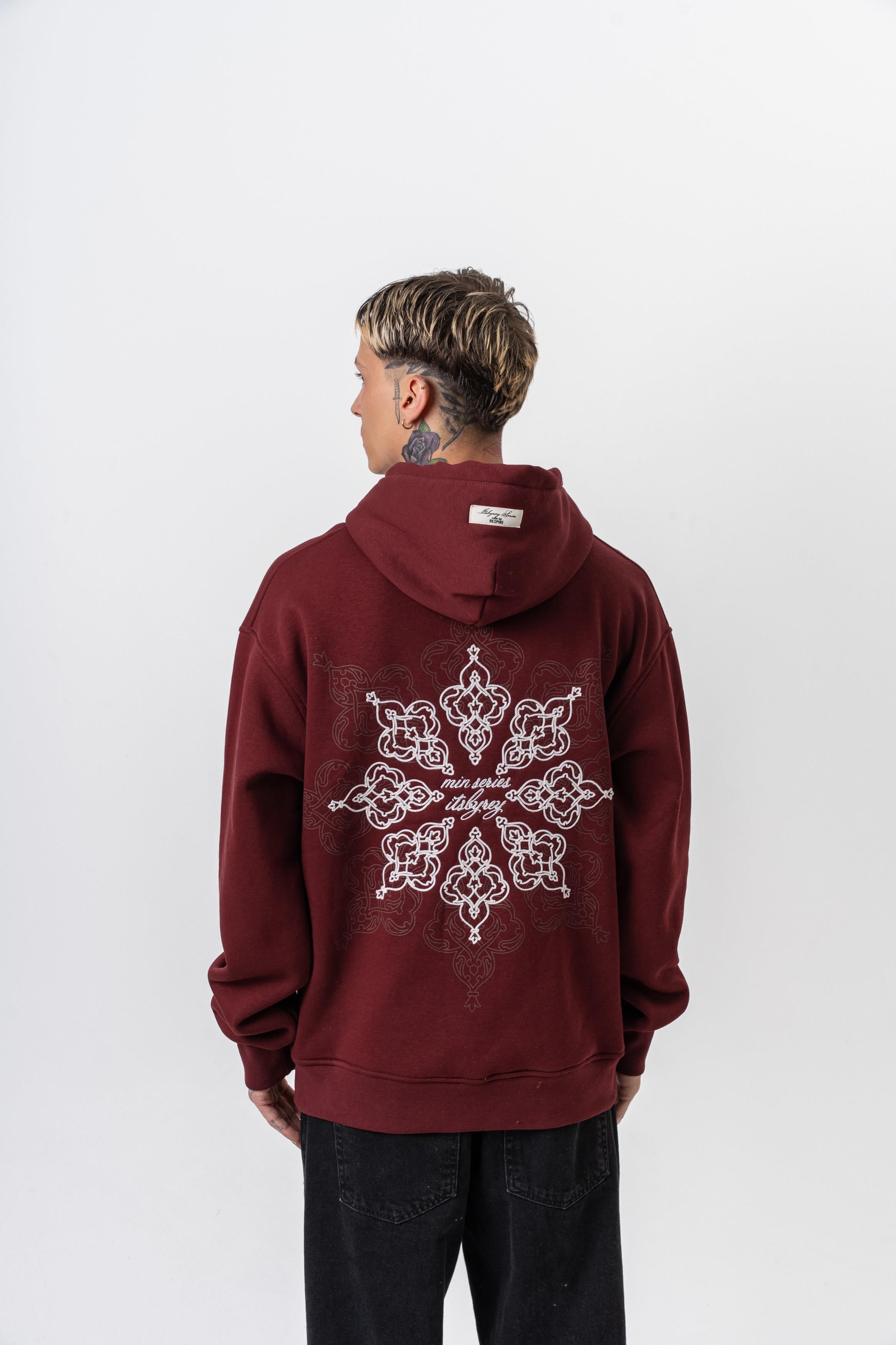 Erkek Itsbyzey Nakışlı Kapüşonlu Oversize Hoodie Bordo