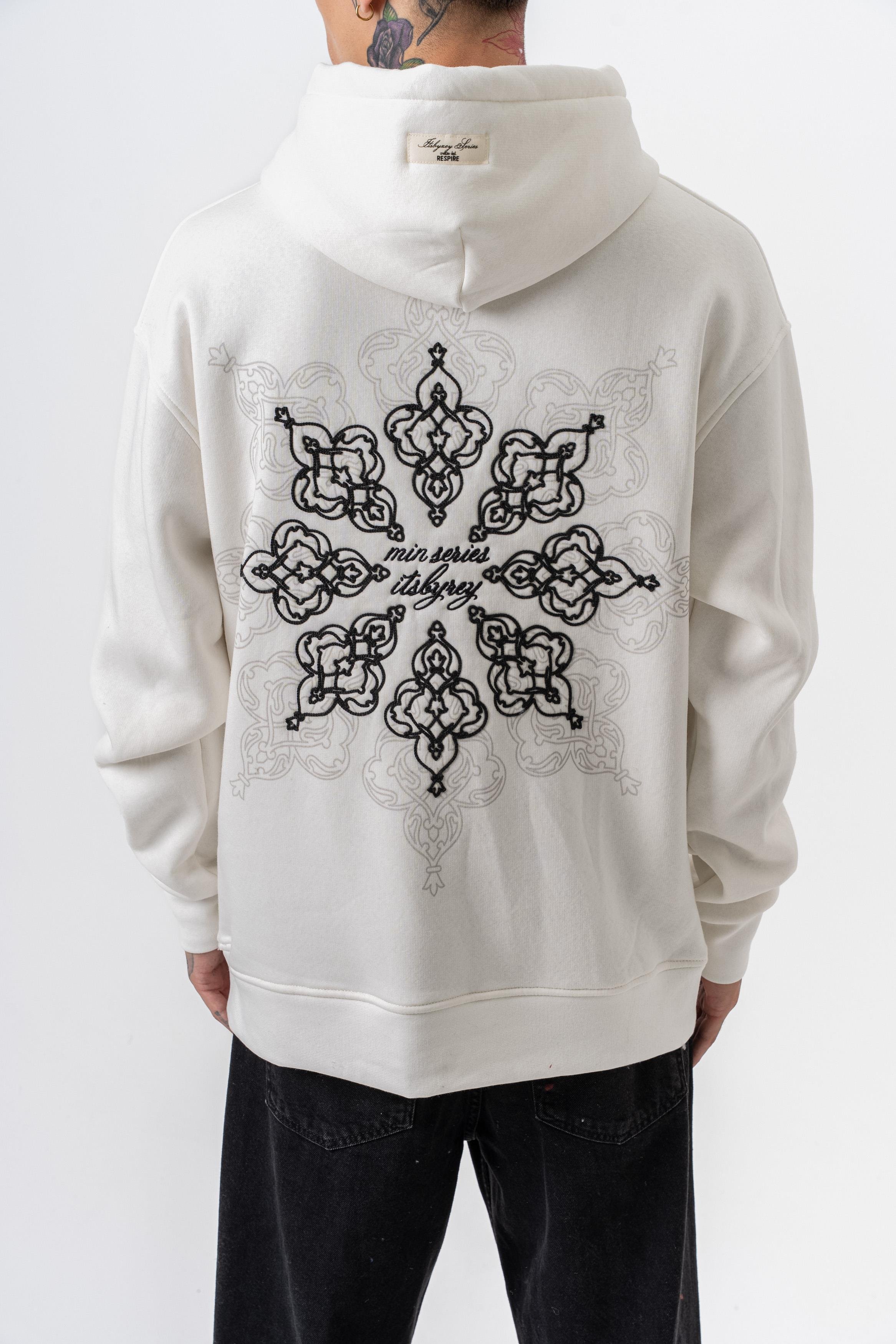 Erkek Itsbyzey Nakışlı Kapüşonlu Oversize Hoodie Ekru
