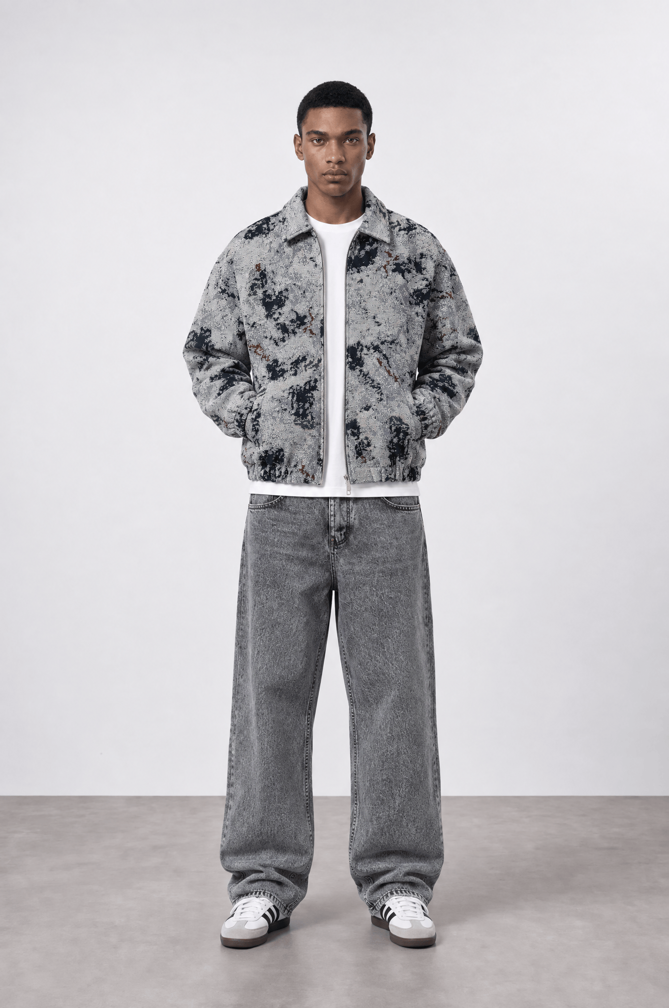 Erkek Jakarlı Oversize Bomber Ceket Gri