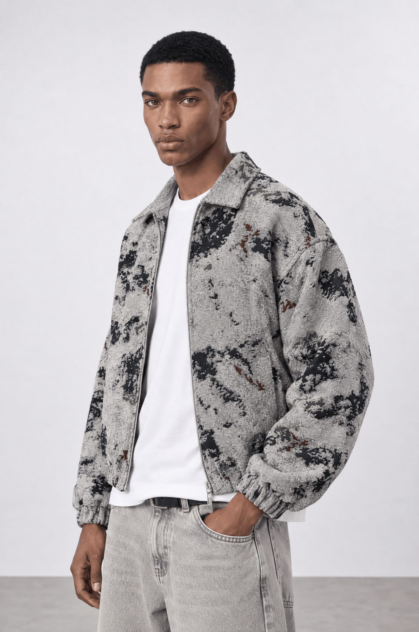 Erkek Jakarlı Oversize Bomber Ceket Gri