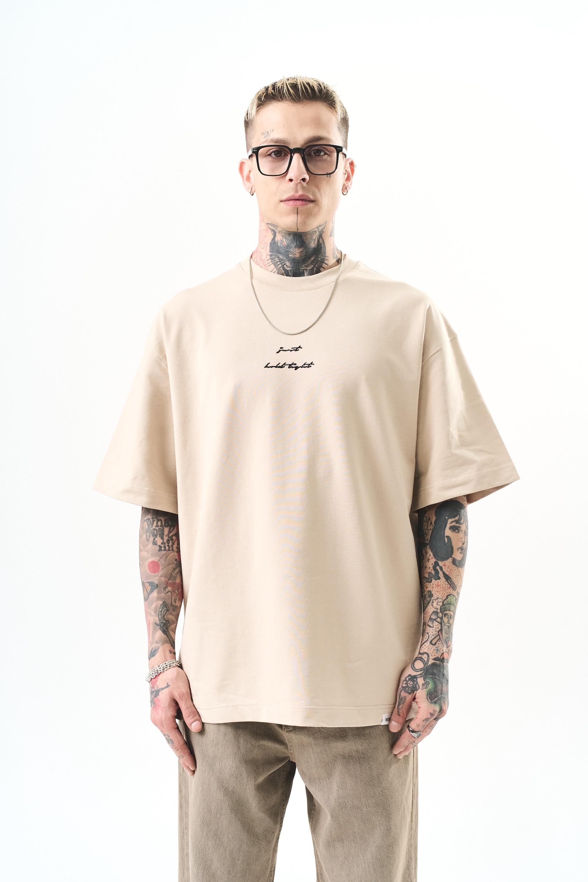 Erkek Just Hold Nakışlı Oversize T-Shirt Bej
