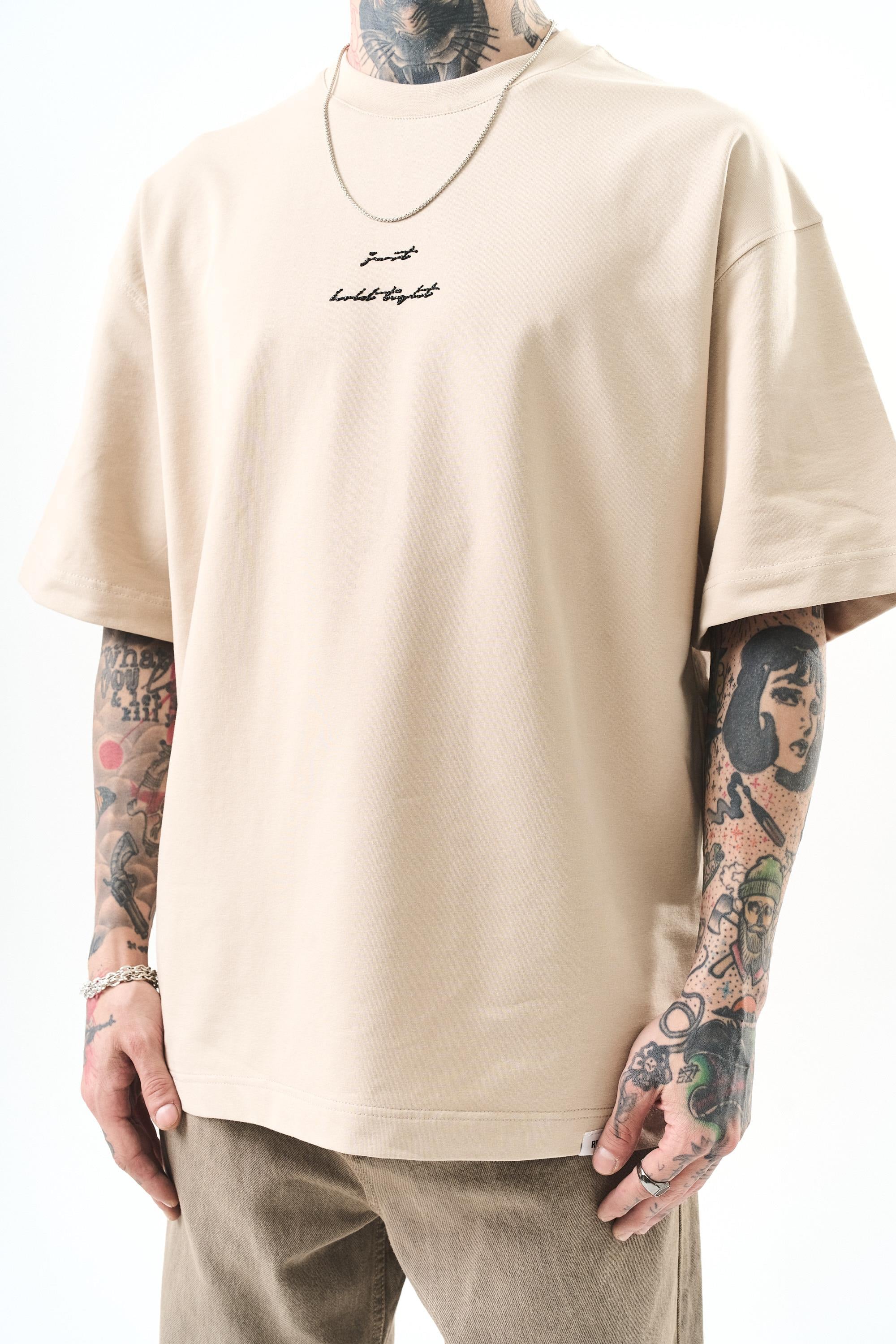Erkek Just Hold Nakışlı Oversize T-Shirt Bej