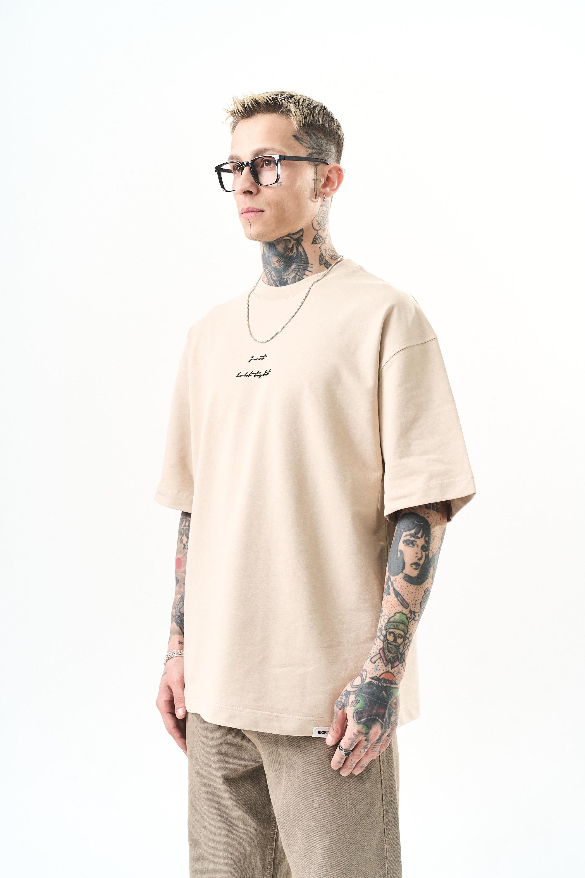 Erkek Just Hold Nakışlı Oversize T-Shirt Bej