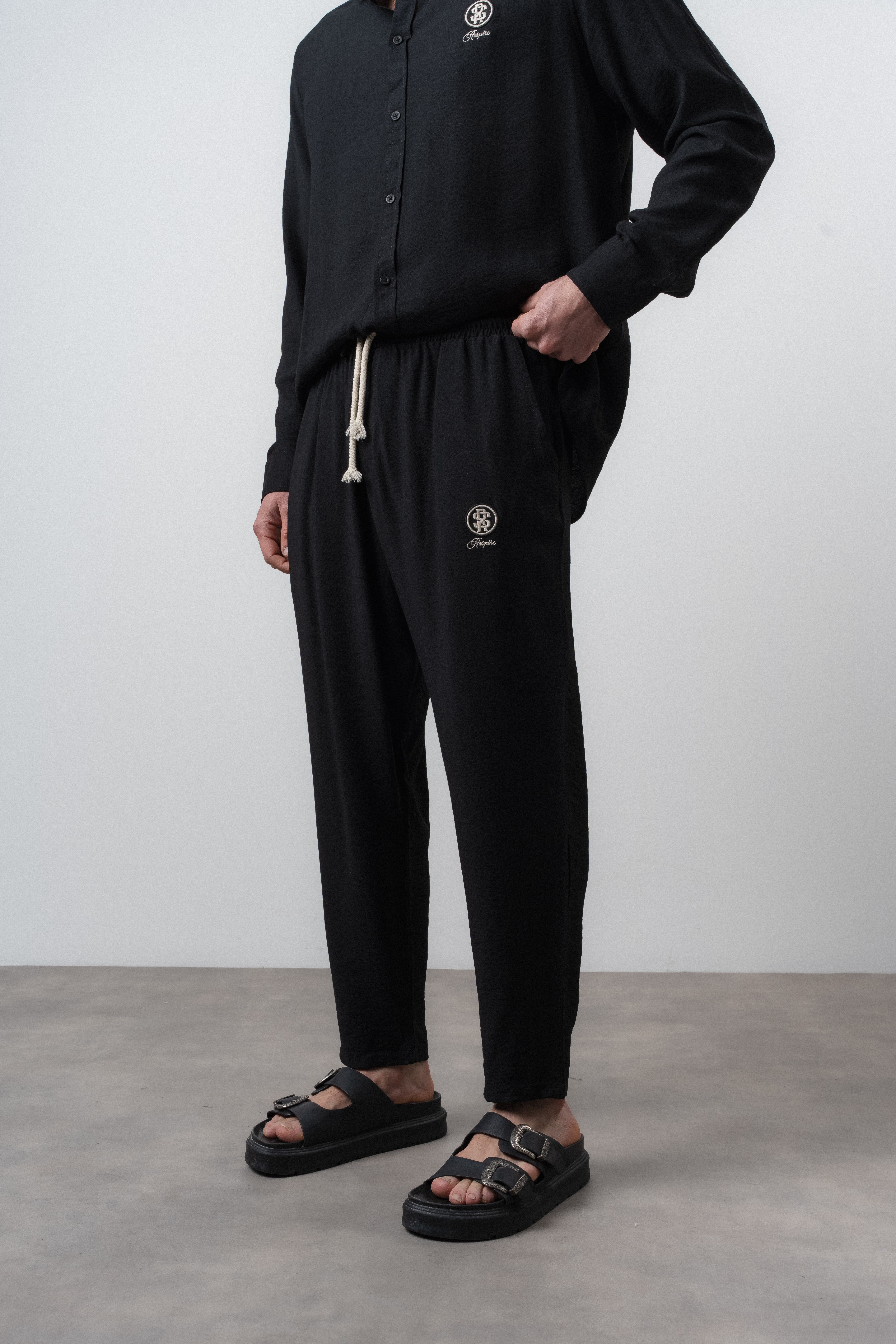 Erkek Keten Baggy Pantolon Siyah