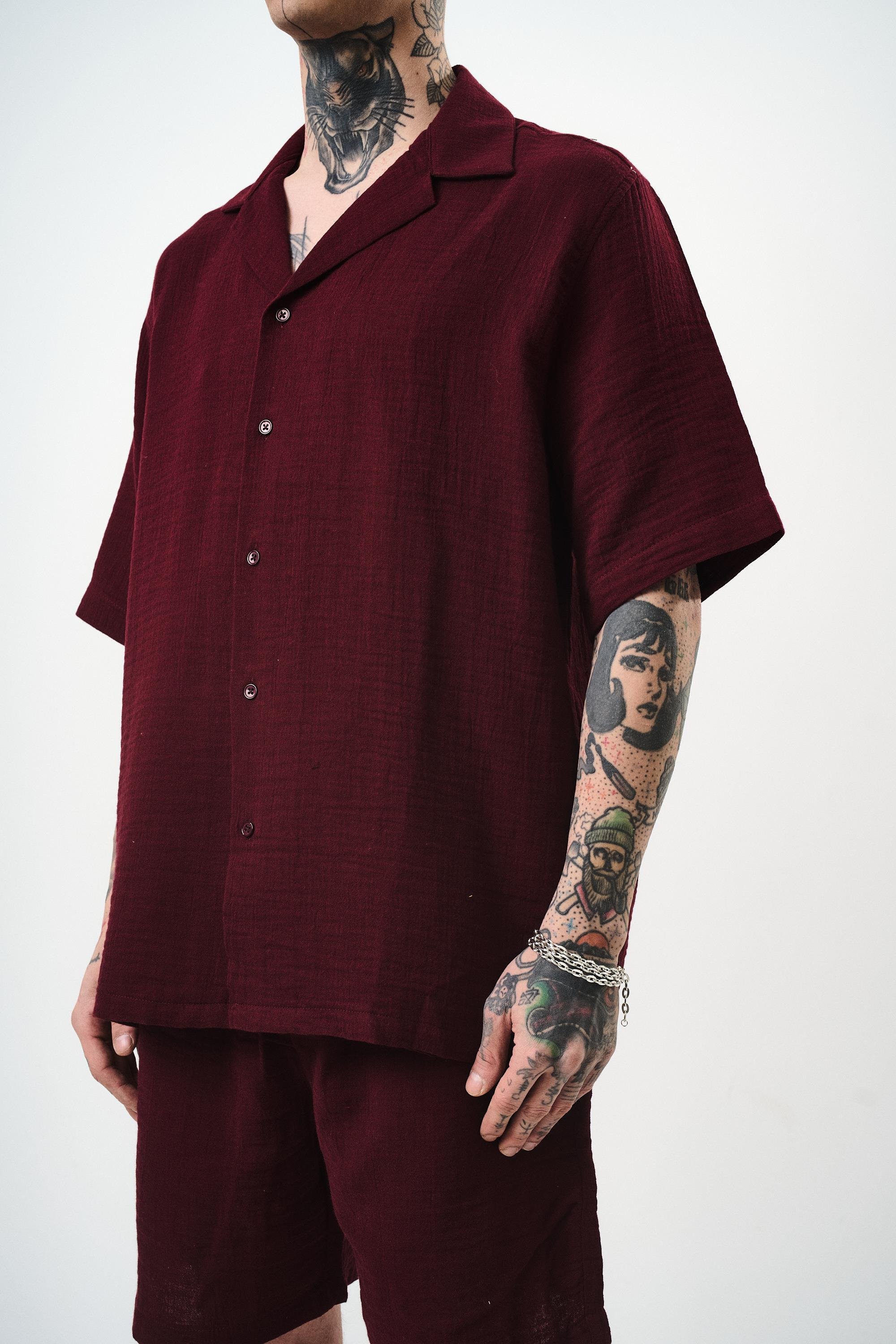 Erkek Kısa Kol Oversize Müslin Gömlek Bordo
