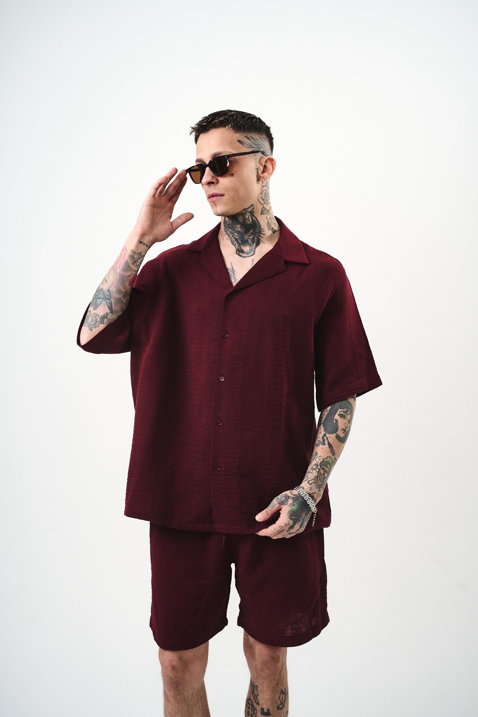 Erkek Kısa Kol Oversize Müslin Gömlek Bordo