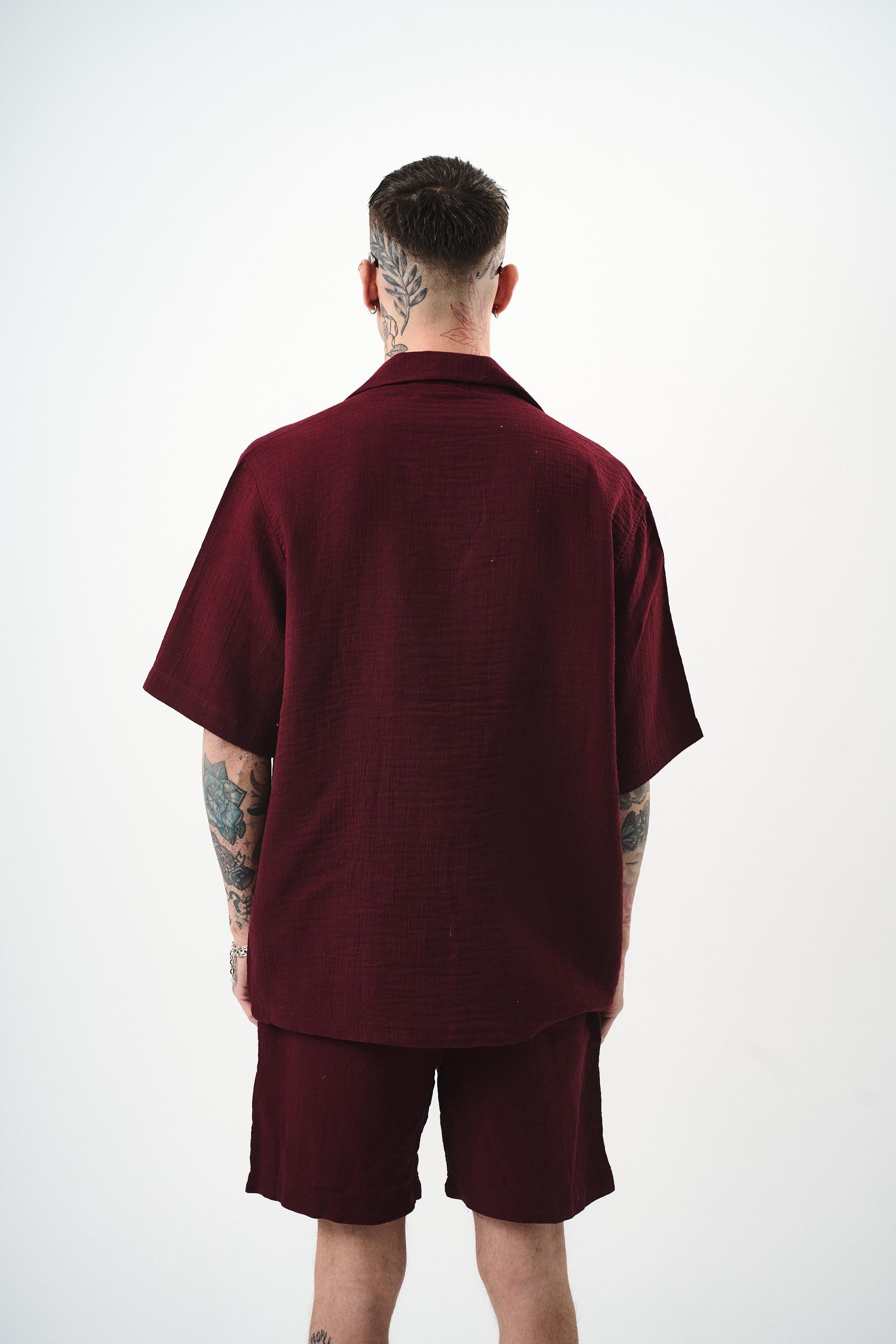 Erkek Kısa Kol Oversize Müslin Gömlek Bordo