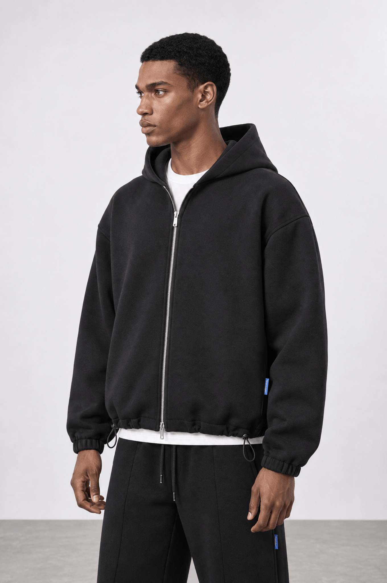 Erkek Lastik Detaylı Panda Oversize Zip Siyah