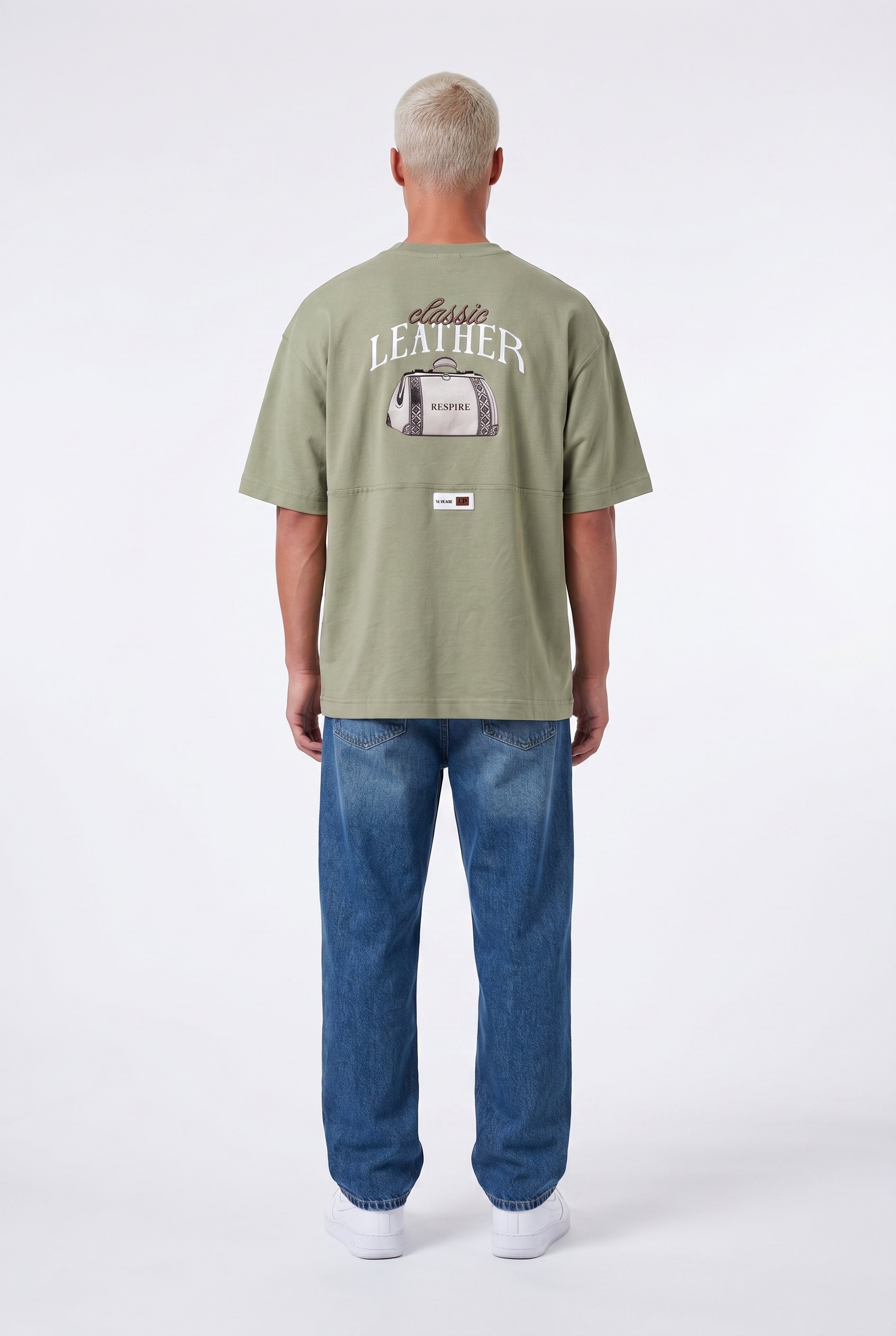Erkek Leather Baskılı Oversize T-Shirt Haki