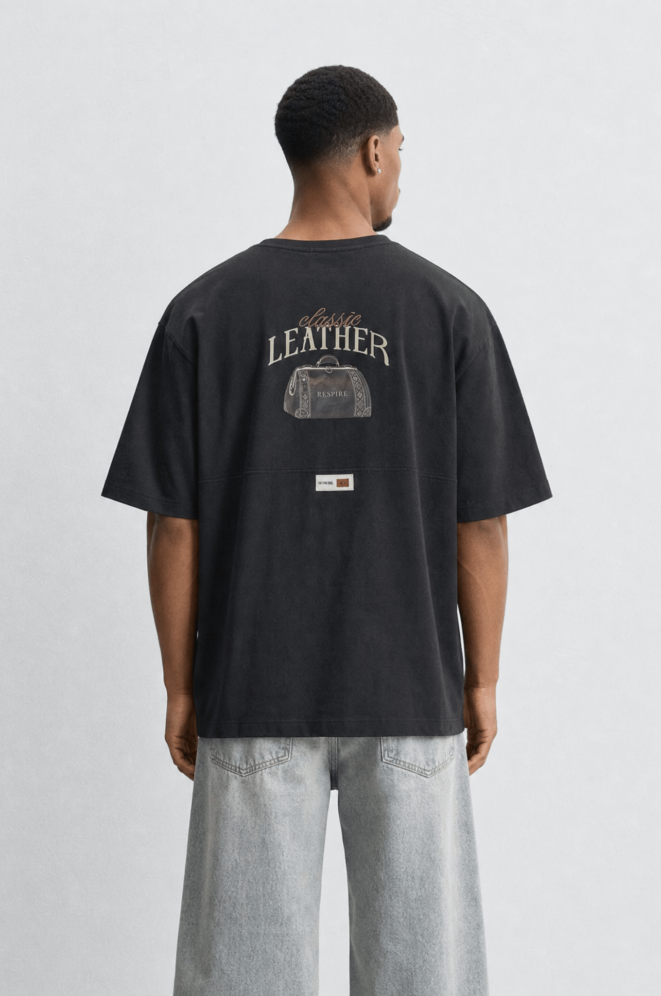 Erkek Leather Baskılı Oversize T-Shirt Siyah