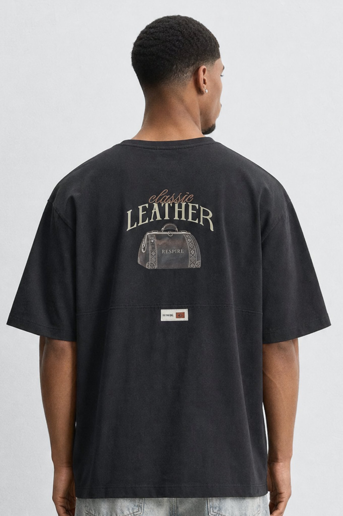 Erkek Leather Baskılı Oversize T-Shirt Siyah