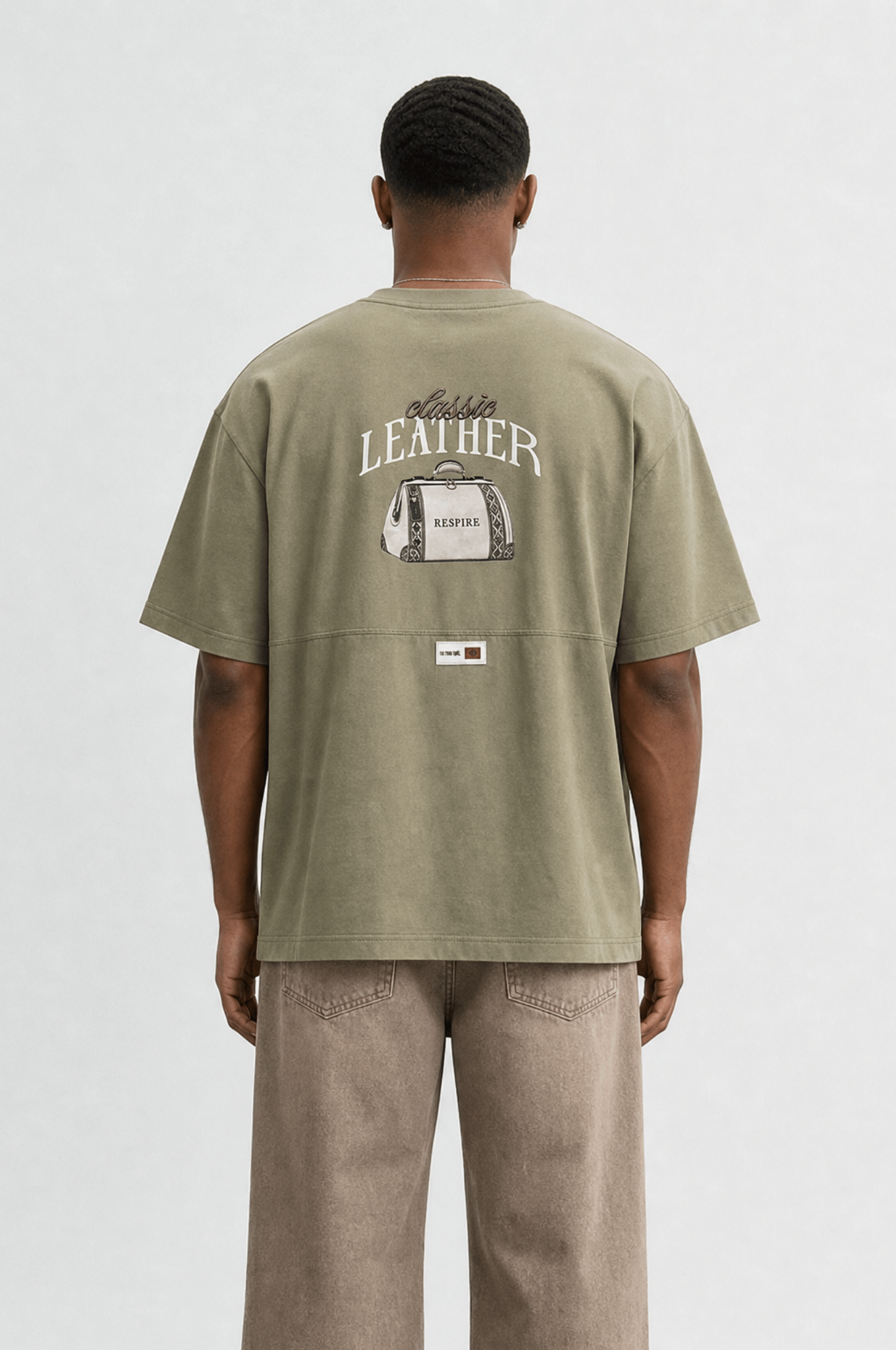 Erkek Leather Baskılı Oversize T-Shirt Haki