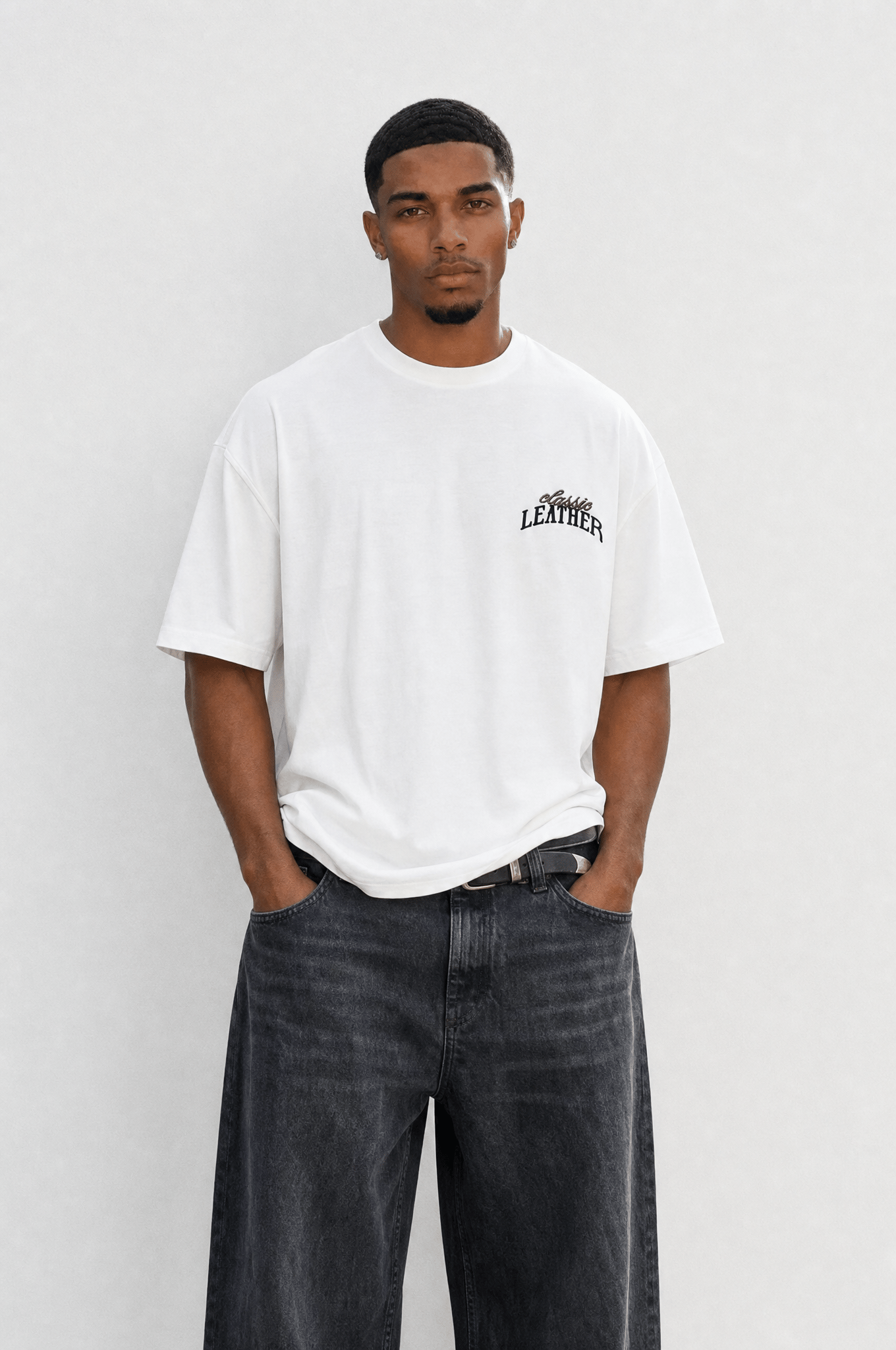 Erkek Leather Baskılı Oversize T-Shirt Ekru
