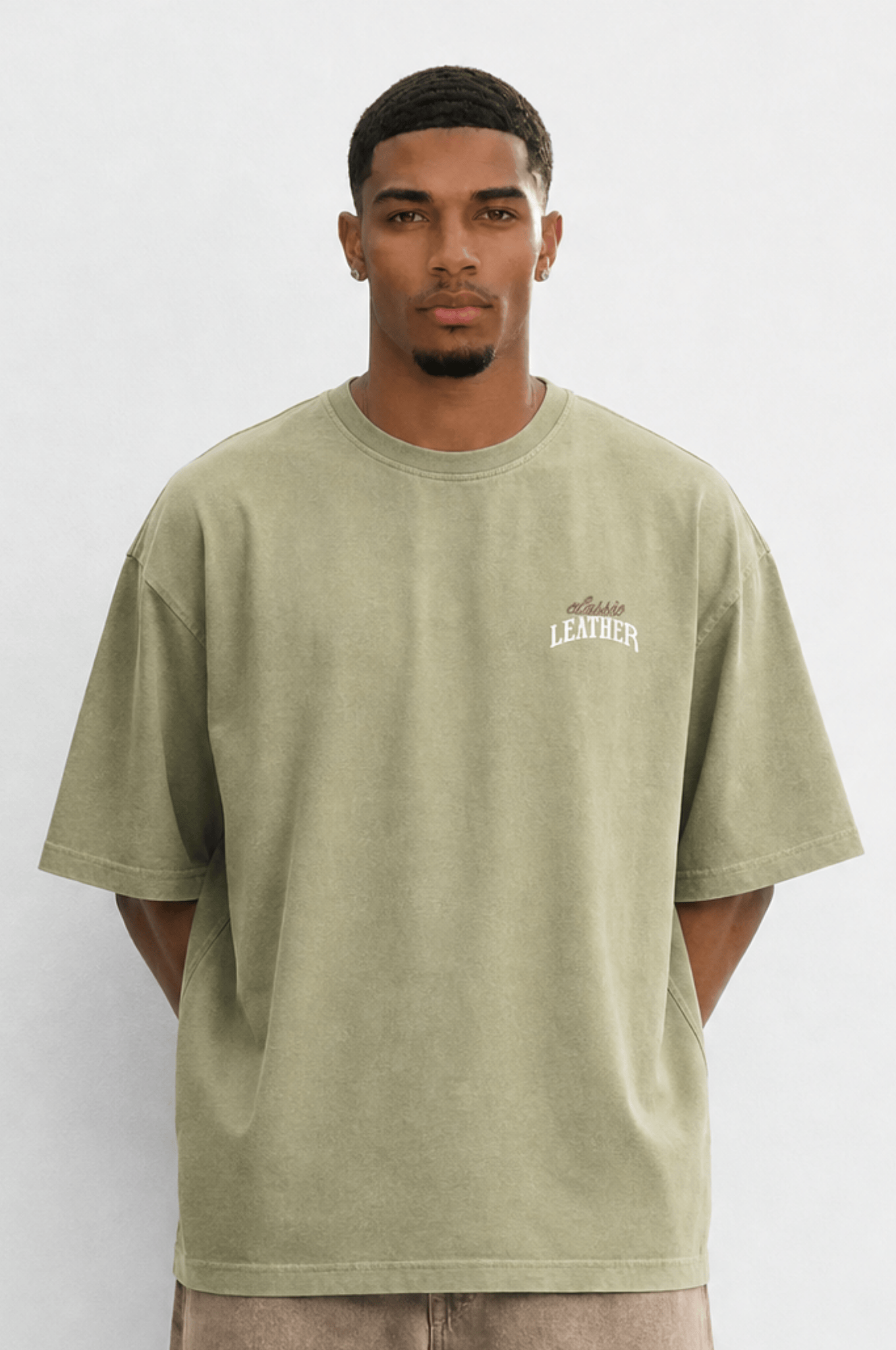 Erkek Leather Baskılı Oversize T-Shirt Haki