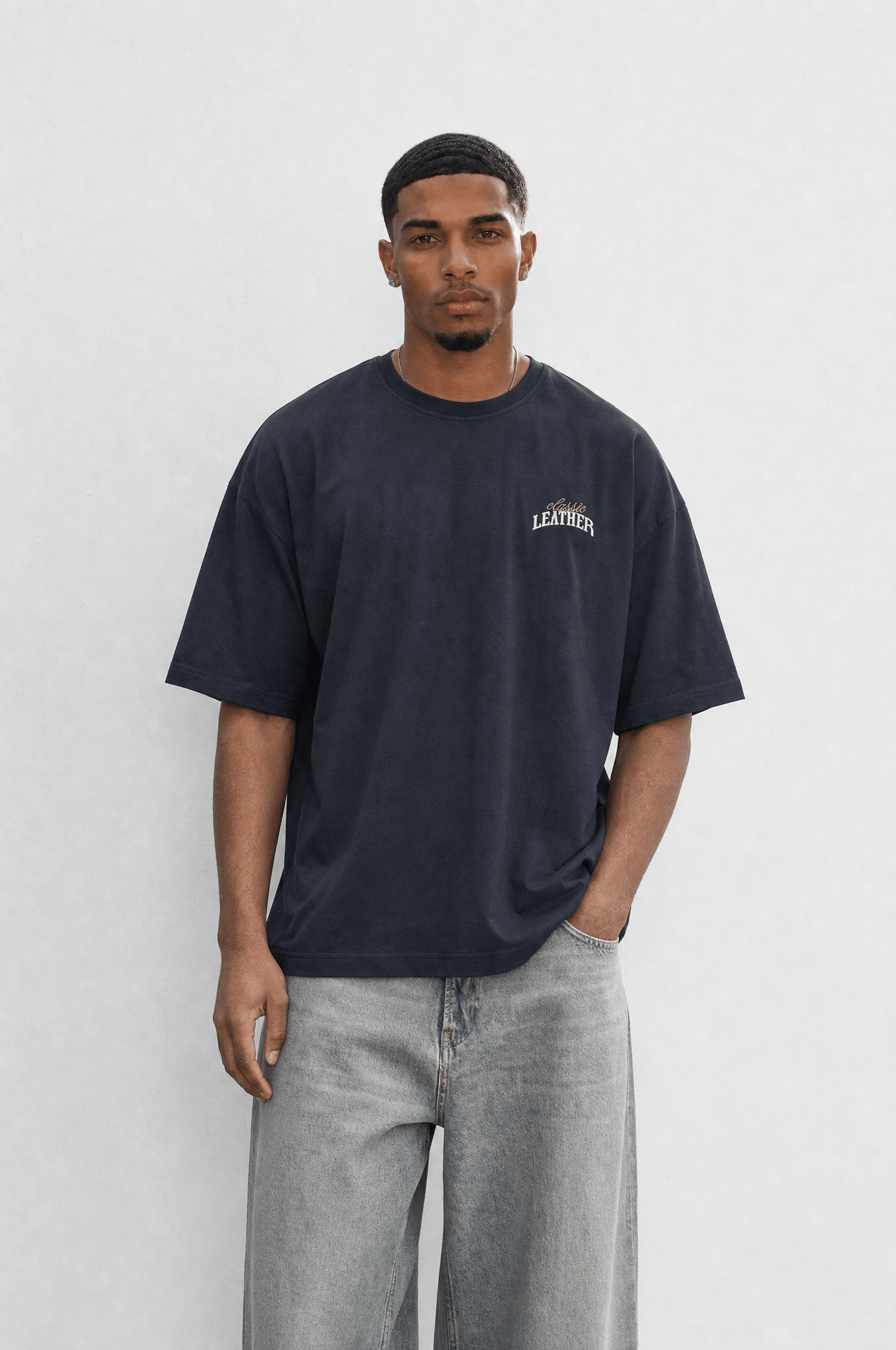 Erkek Leather Baskılı Oversize T-Shirt Siyah