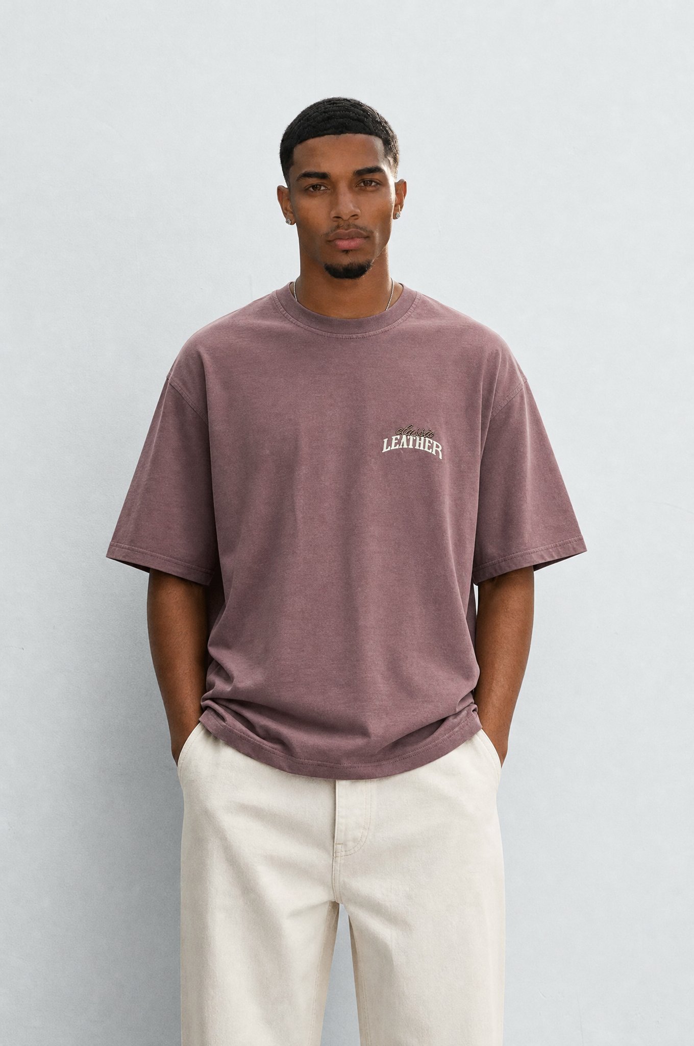Erkek Leather Baskılı Oversize T-Shirt Kahve