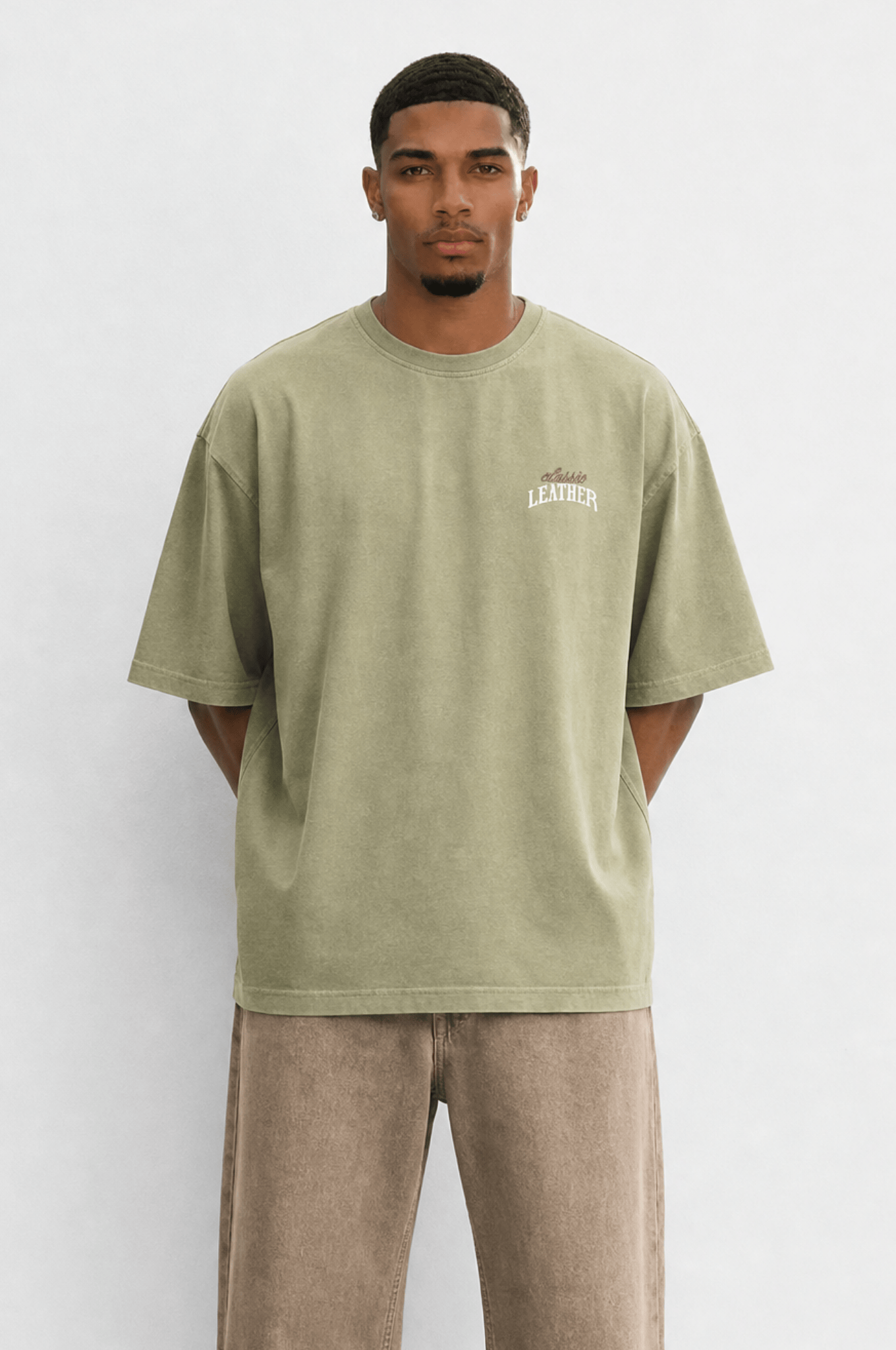 Erkek Leather Baskılı Oversize T-Shirt Haki
