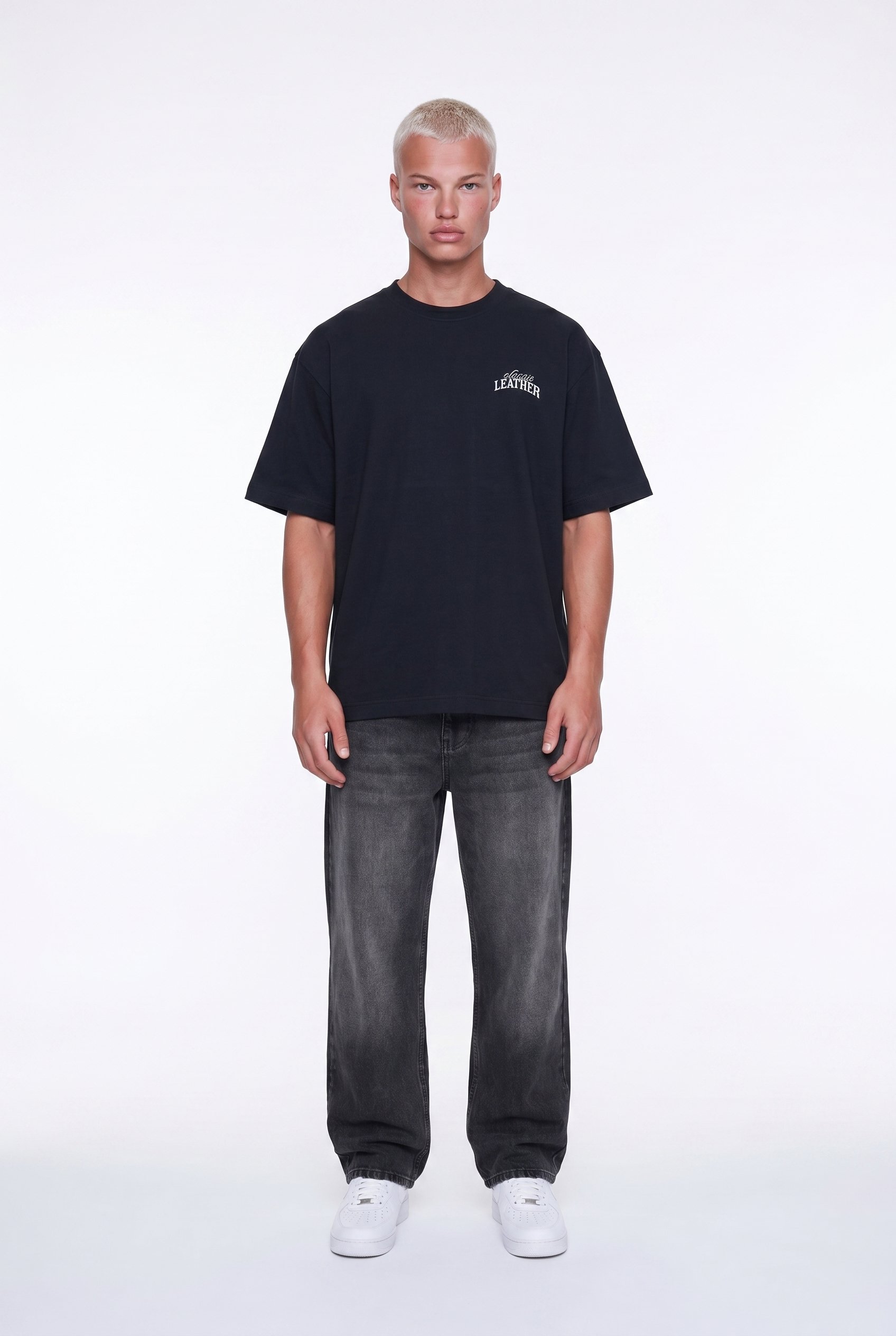 Erkek Leather Baskılı Oversize T-Shirt Siyah