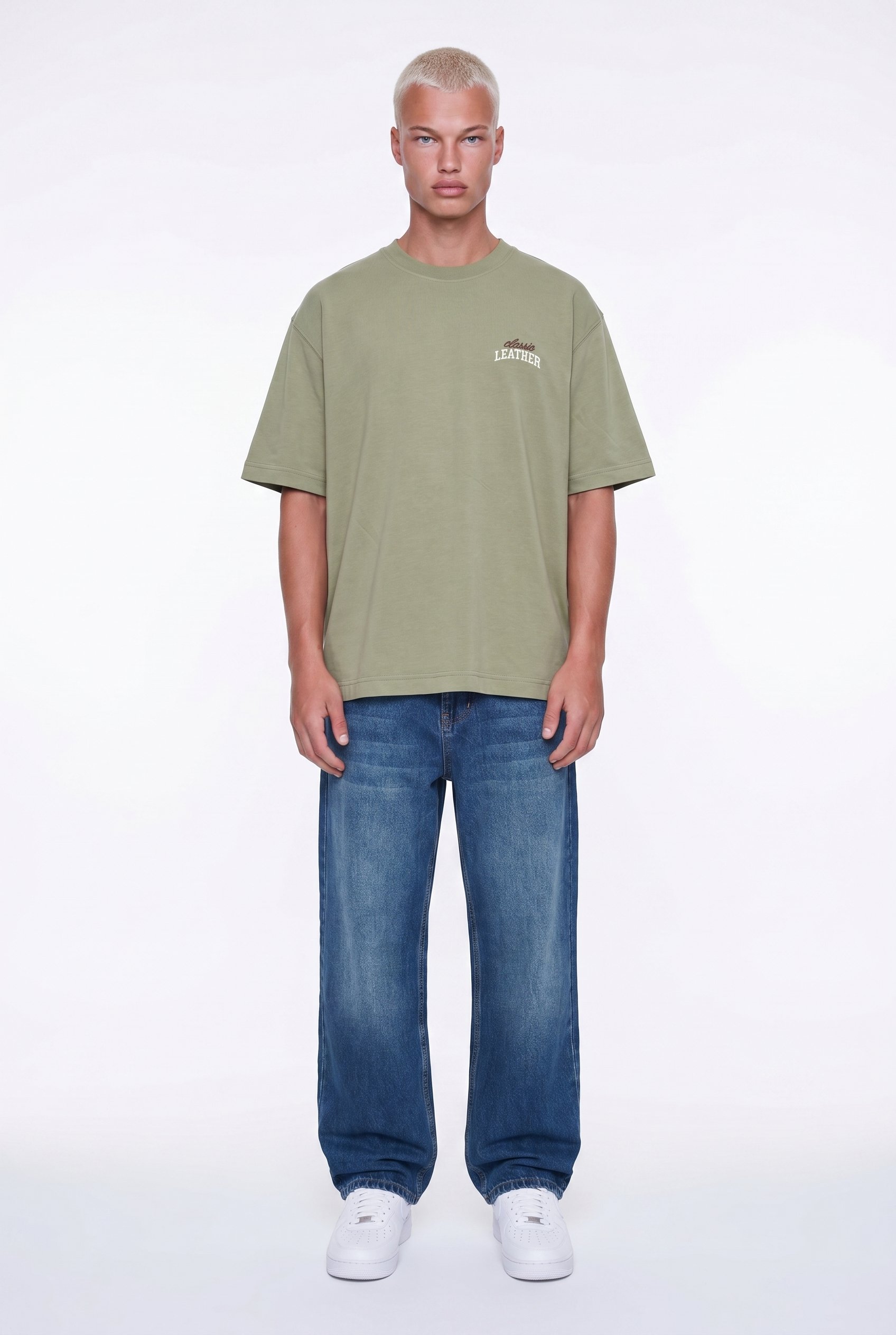 Erkek Leather Baskılı Oversize T-Shirt Haki