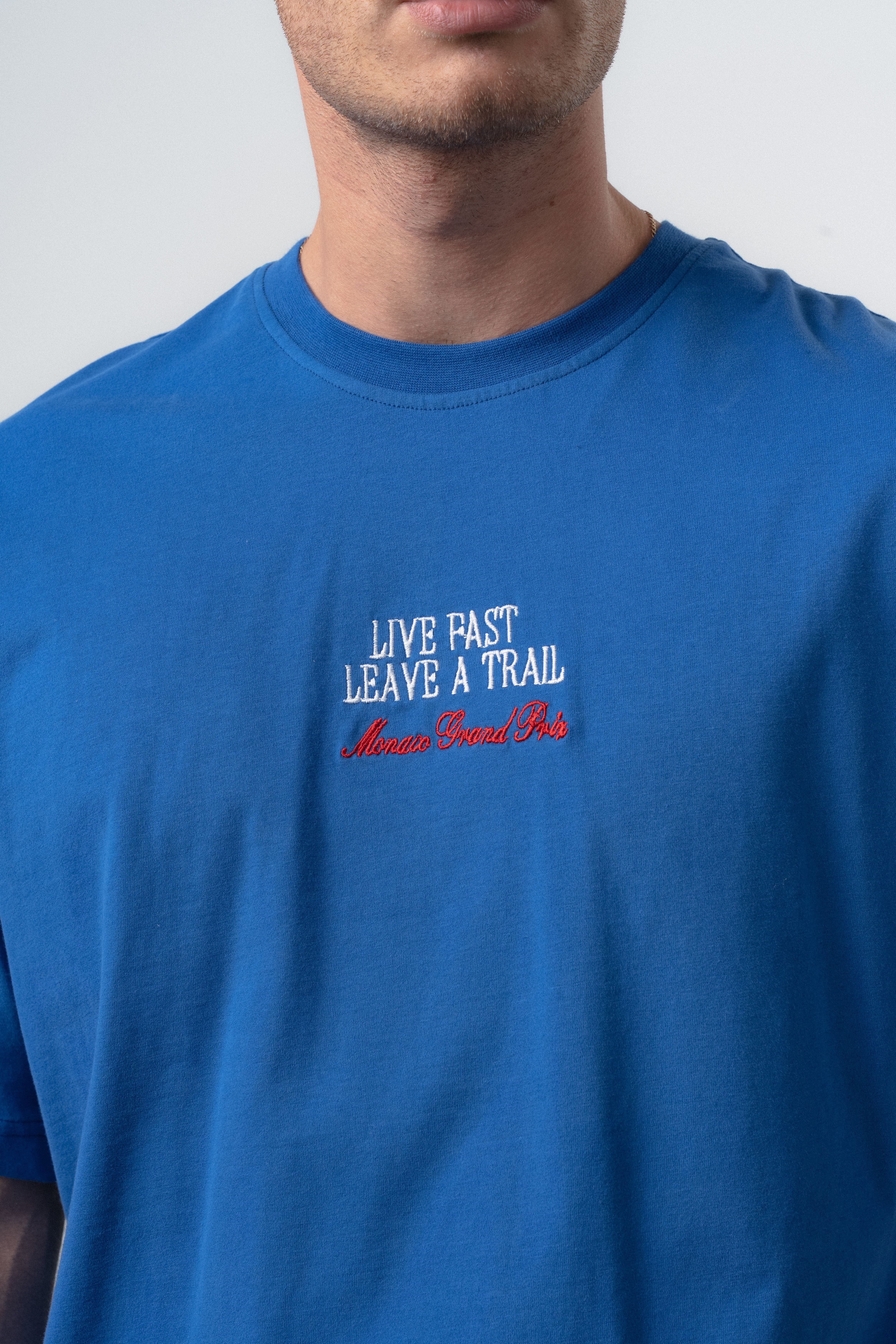 Erkek Live Fast Baskılı Oversize T-Shirt Mavi