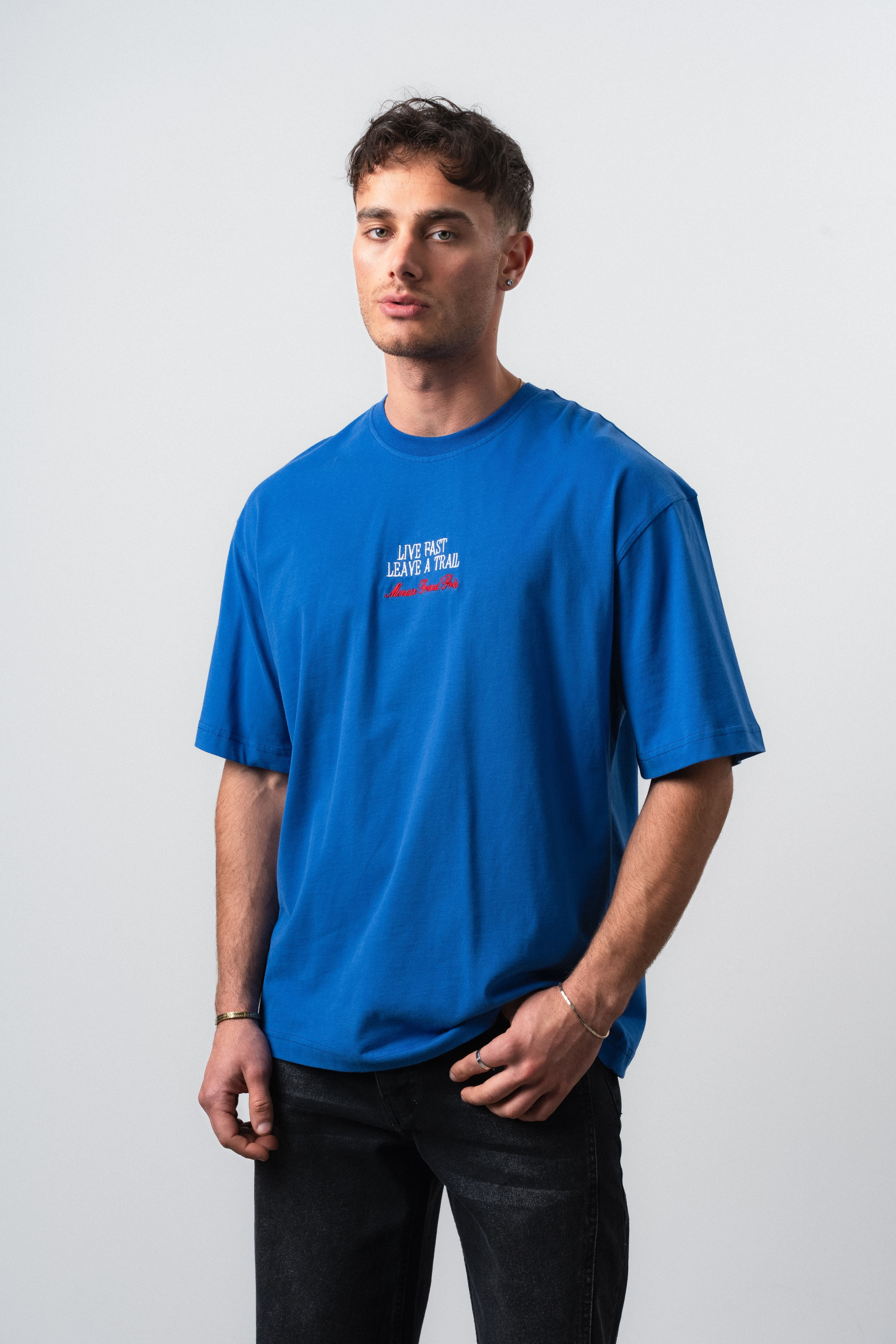 Erkek Live Fast Baskılı Oversize T-Shirt Mavi