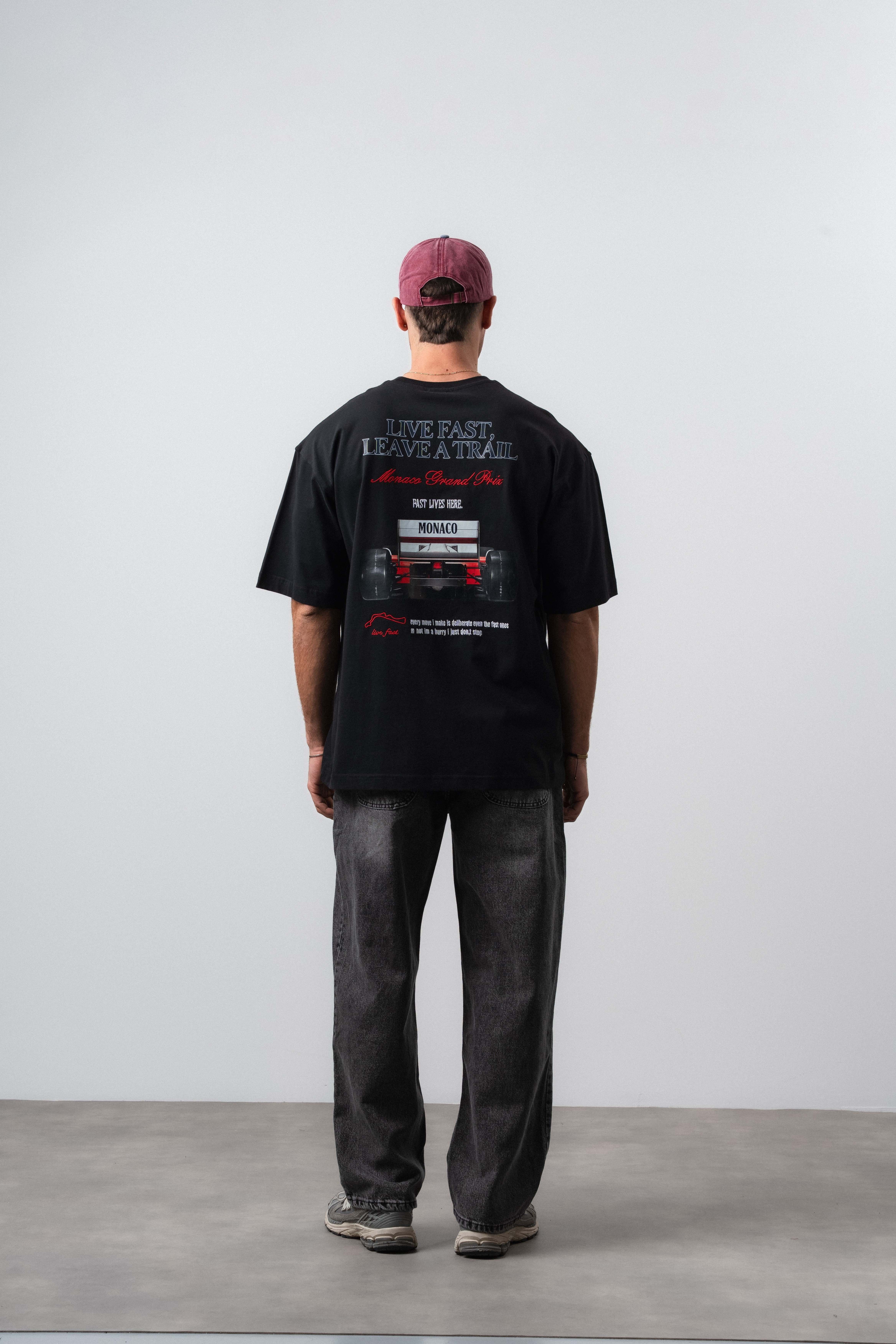 Erkek Live Fast Baskılı Oversize T-Shirt Siyah