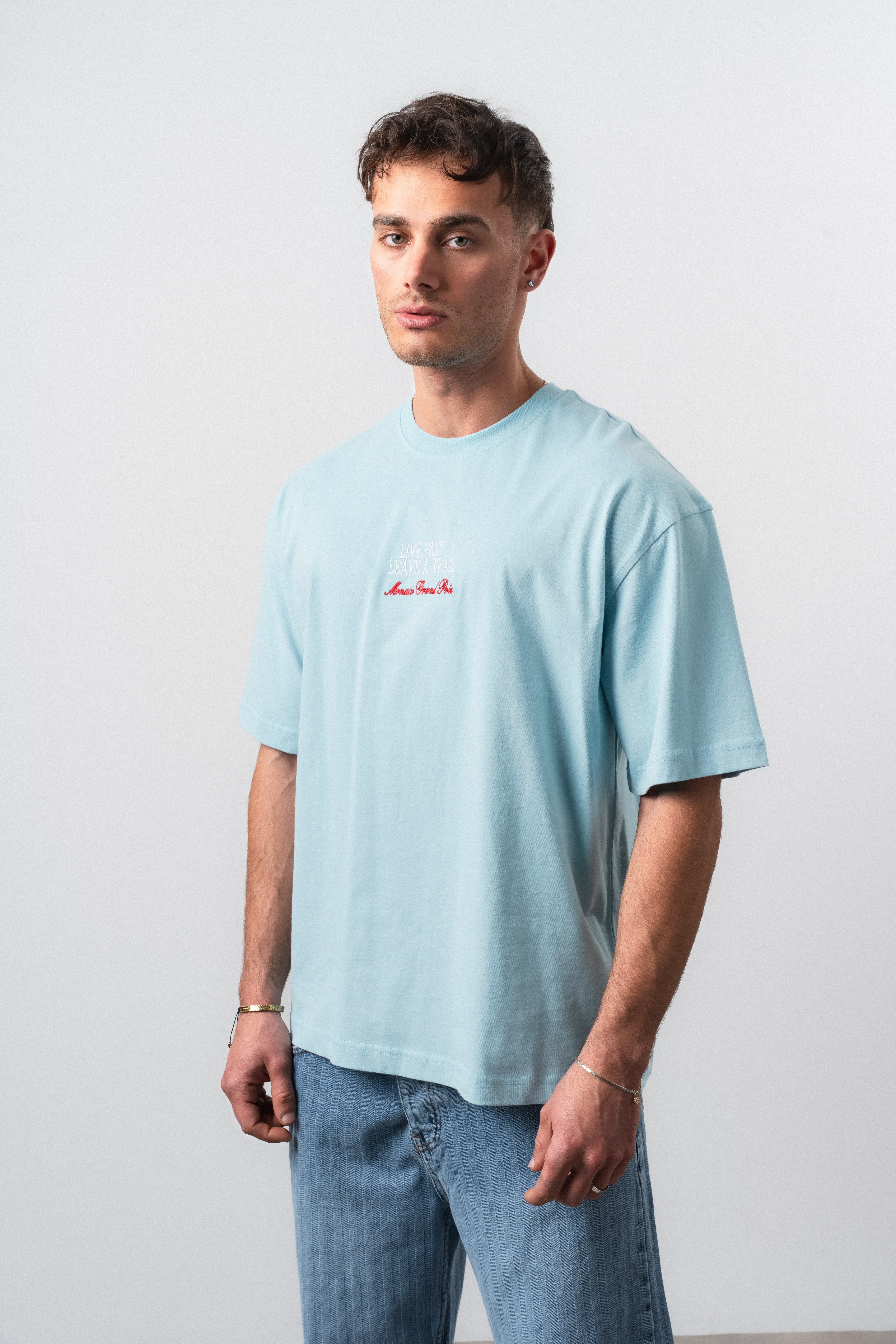 Erkek Live Fast Baskılı Oversize T-Shirt Bebe Mavi