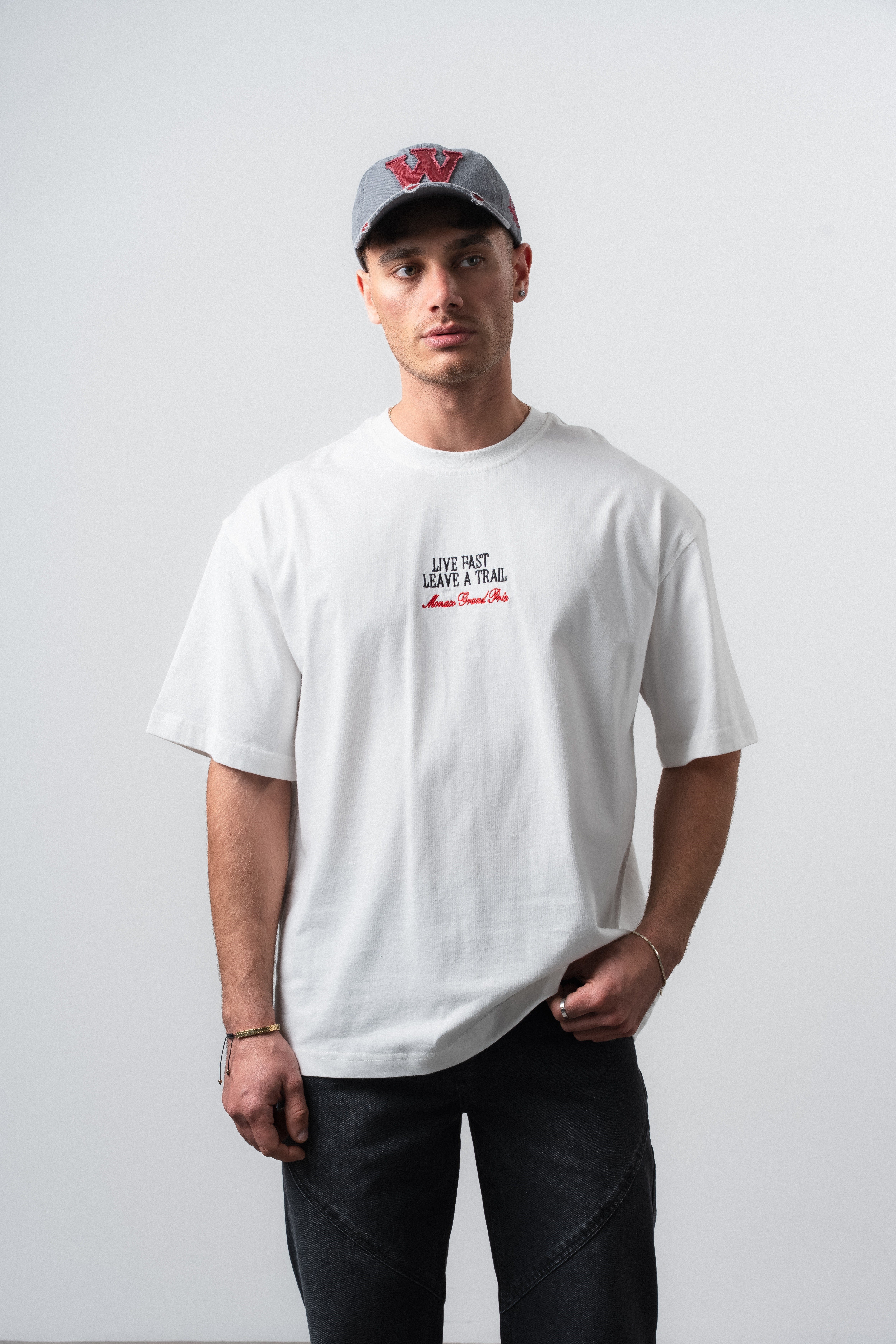 Erkek Live Fast Baskılı Oversize T-Shirt Ekru
