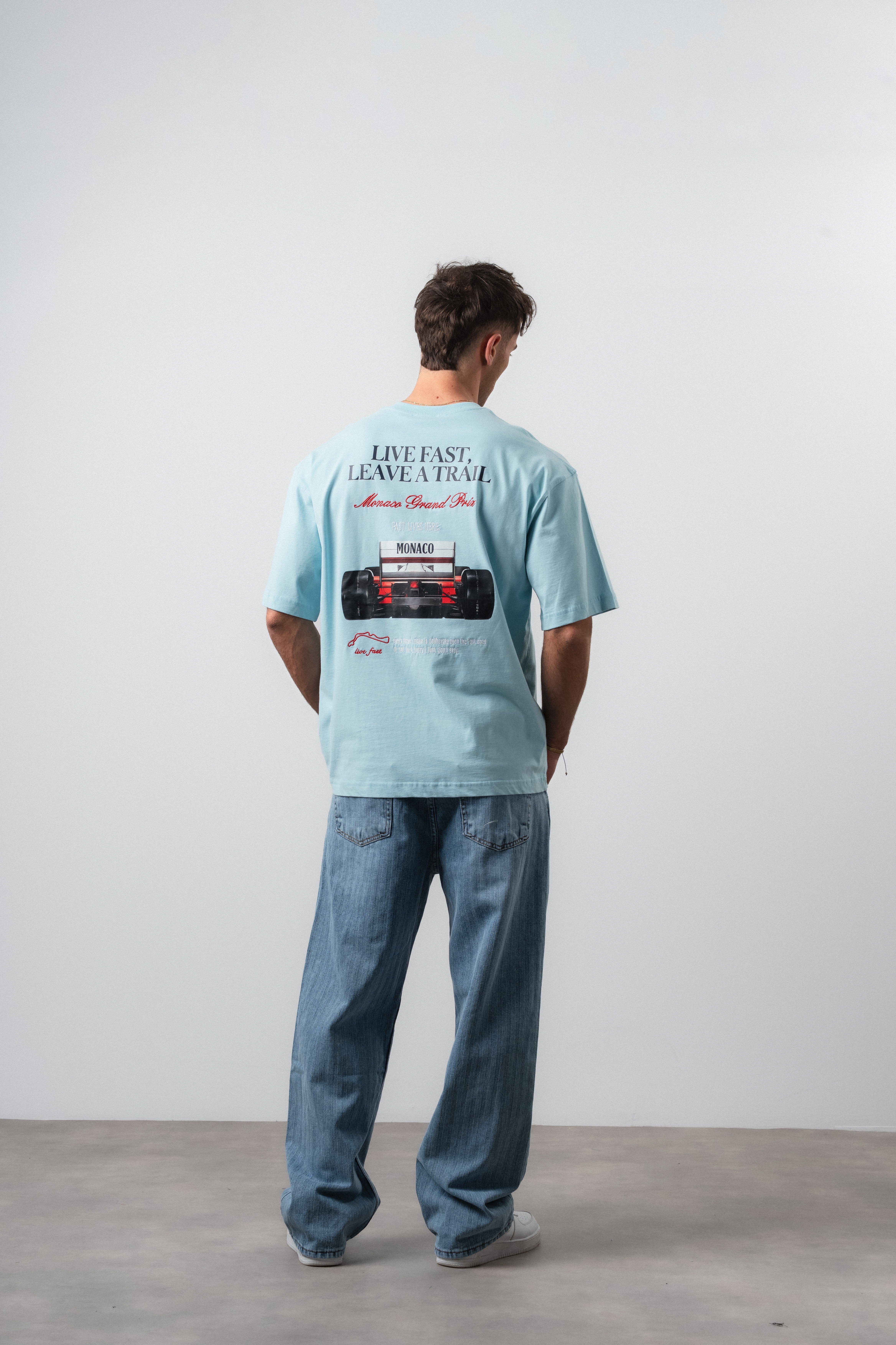 Erkek Live Fast Baskılı Oversize T-Shirt Bebe Mavi