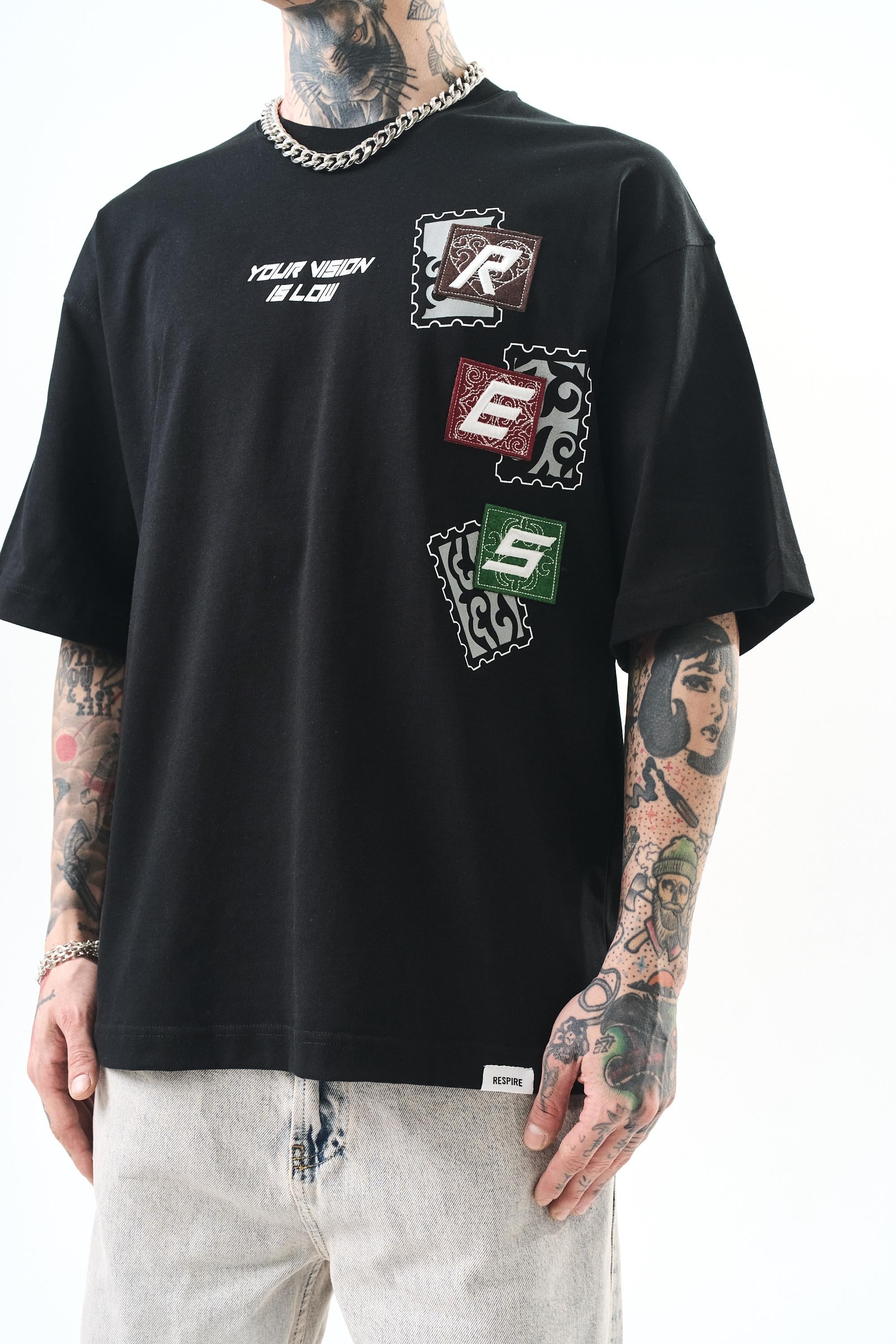 Erkek Low Vision Nakışlı Oversize T-Shirt Siyah