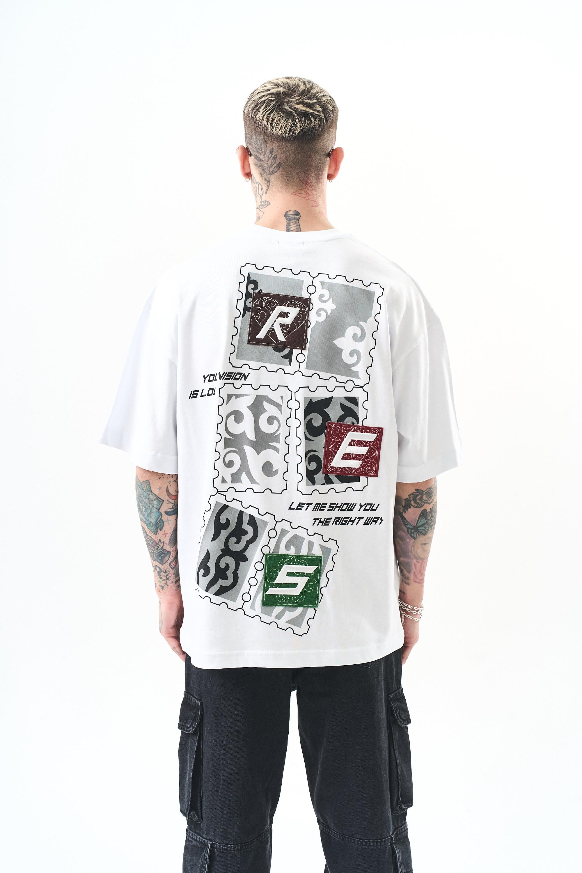 Erkek Low Vision Nakışlı Oversize T-Shirt Beyaz