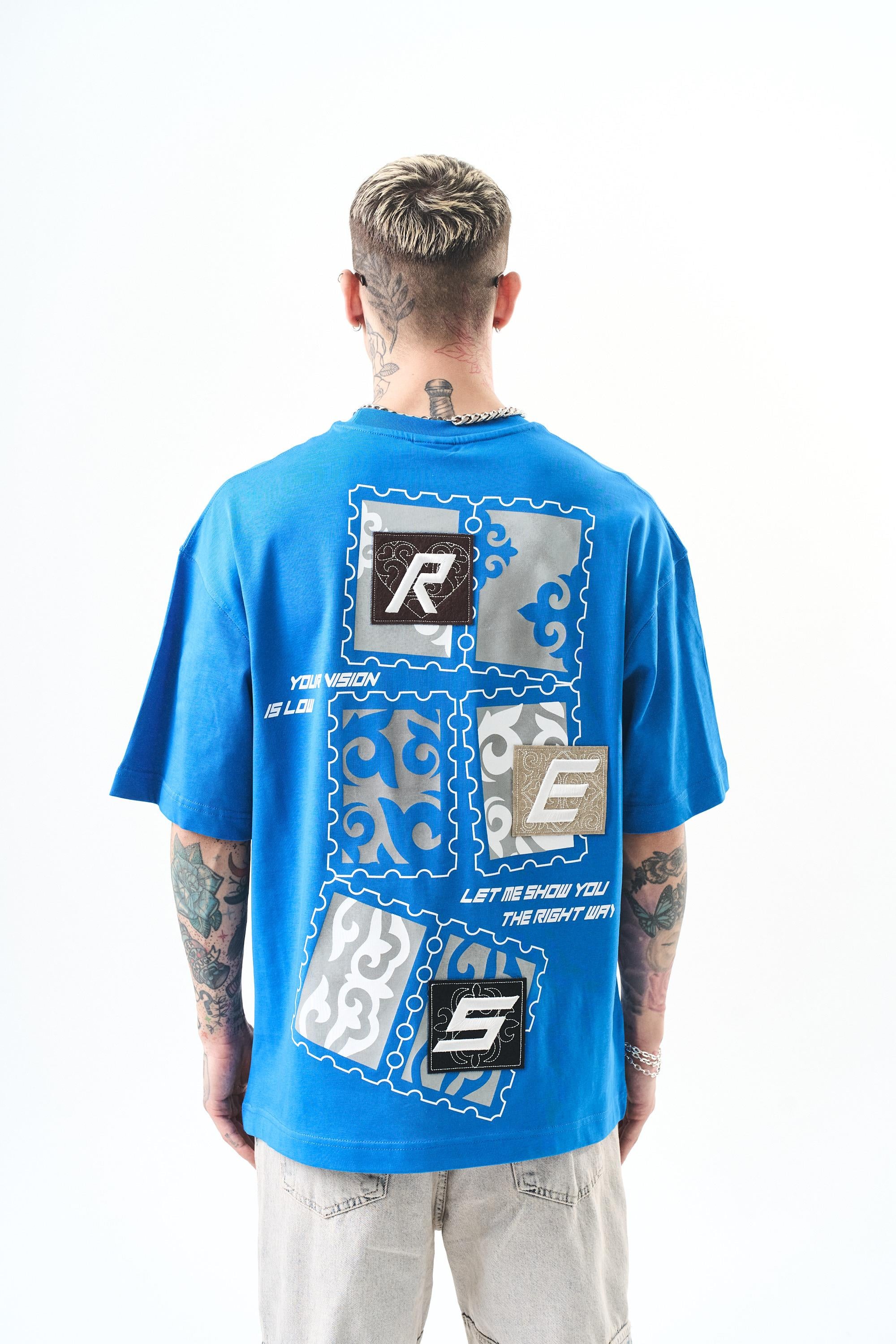 Erkek Low Vision Nakışlı Oversize T-Shirt Mavi