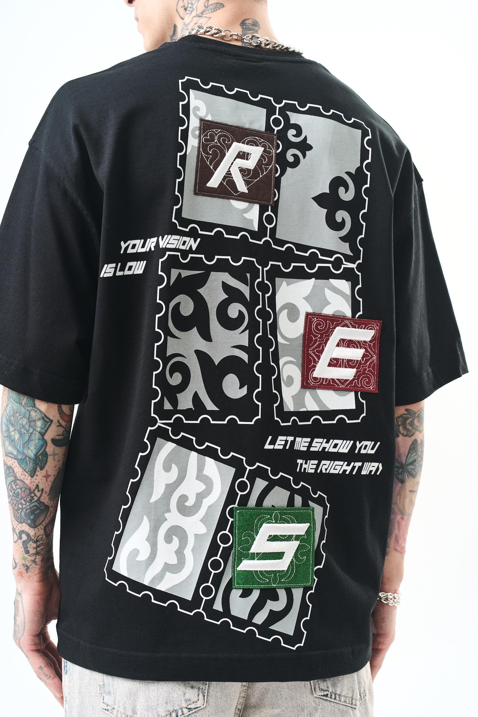 Erkek Low Vision Nakışlı Oversize T-Shirt Siyah
