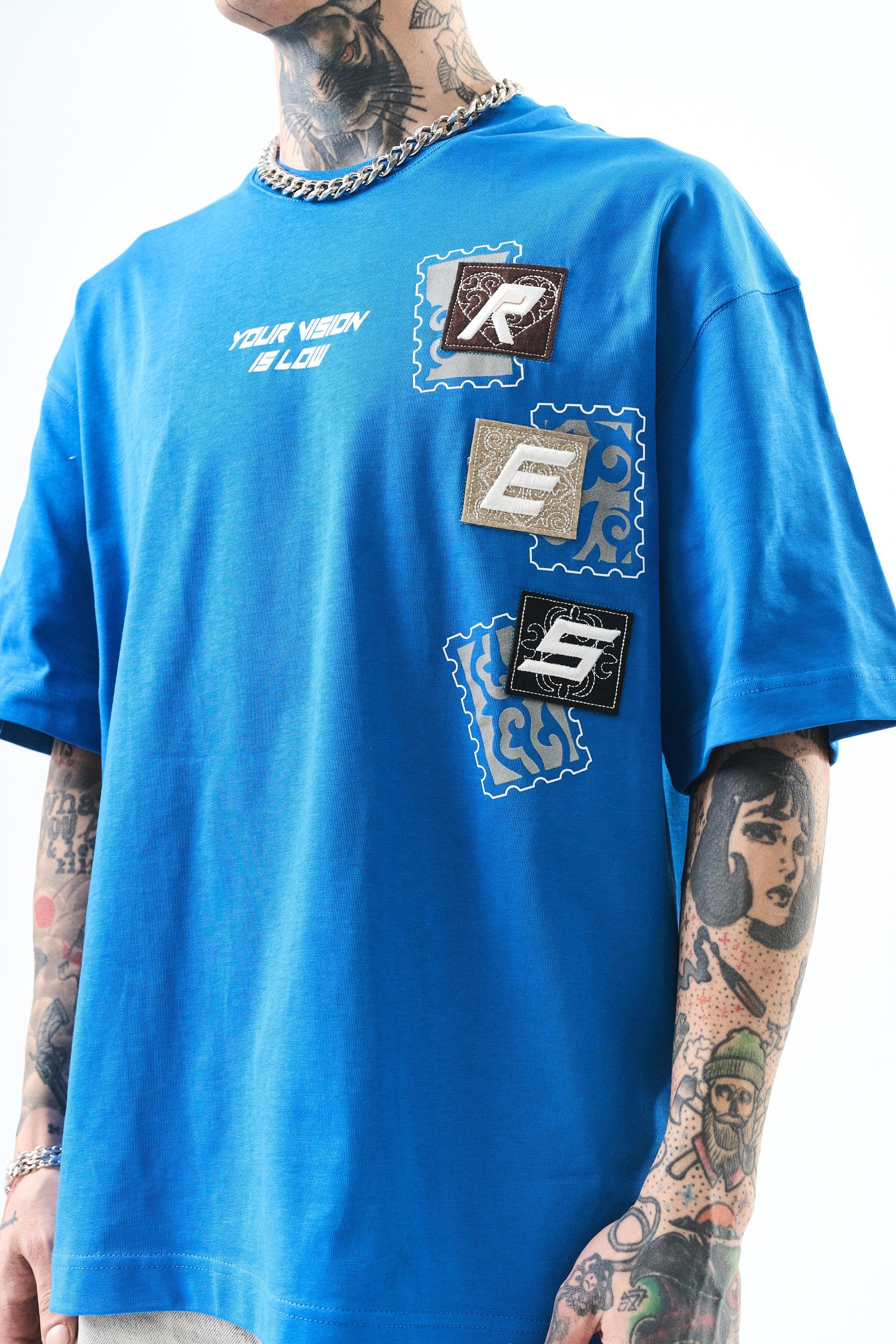Erkek Low Vision Nakışlı Oversize T-Shirt Mavi