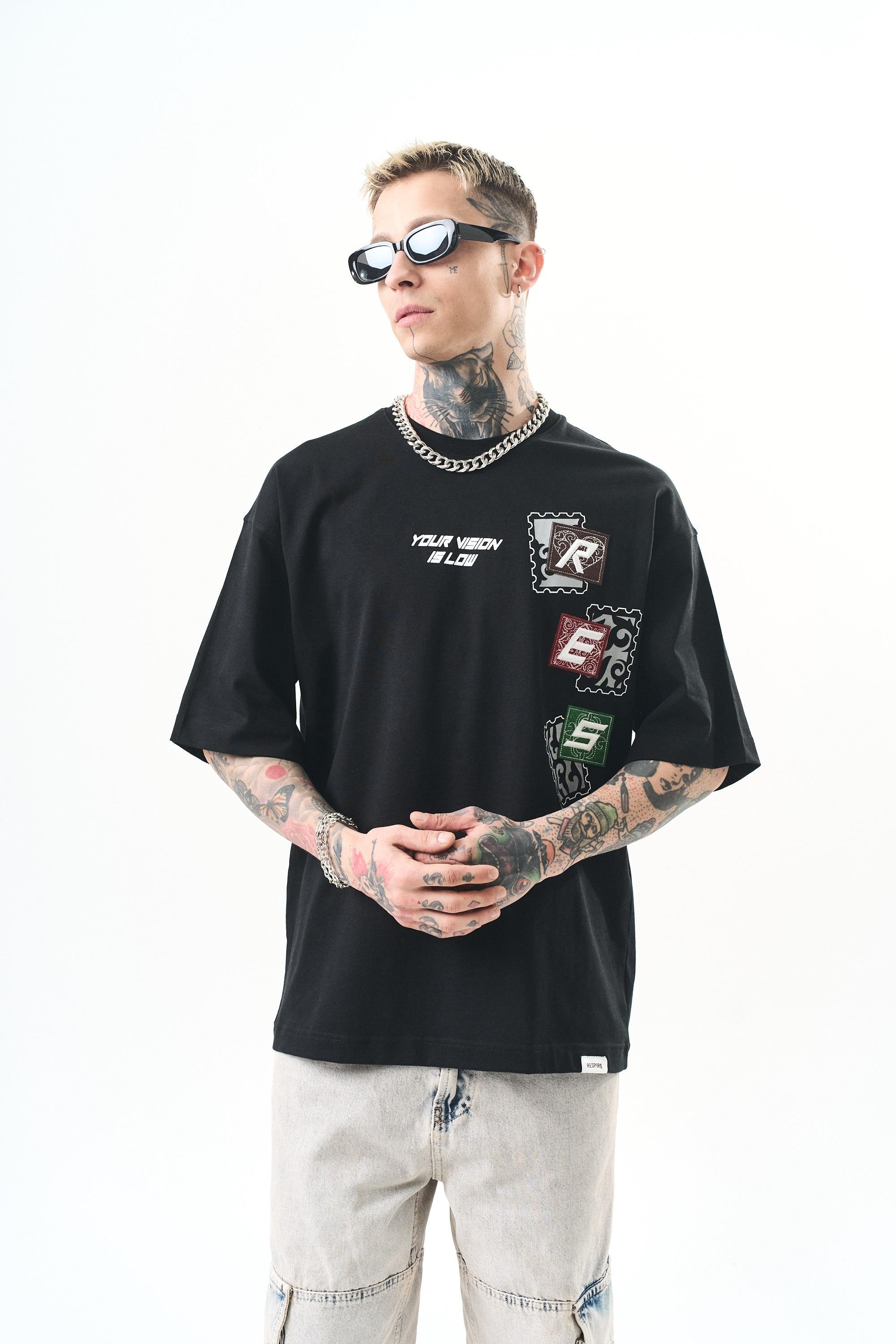 Erkek Low Vision Nakışlı Oversize T-Shirt Siyah