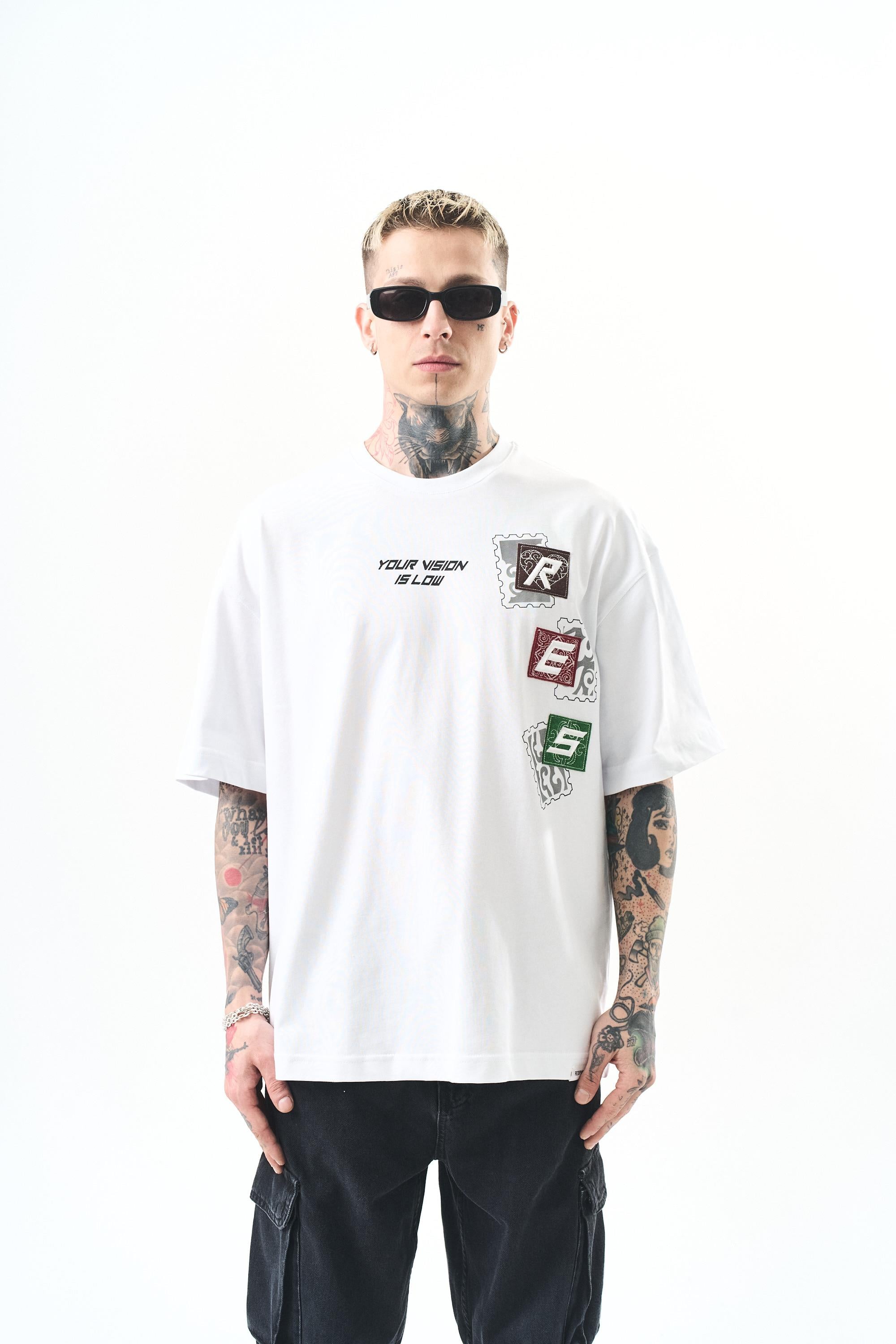 Erkek Low Vision Nakışlı Oversize T-Shirt Beyaz