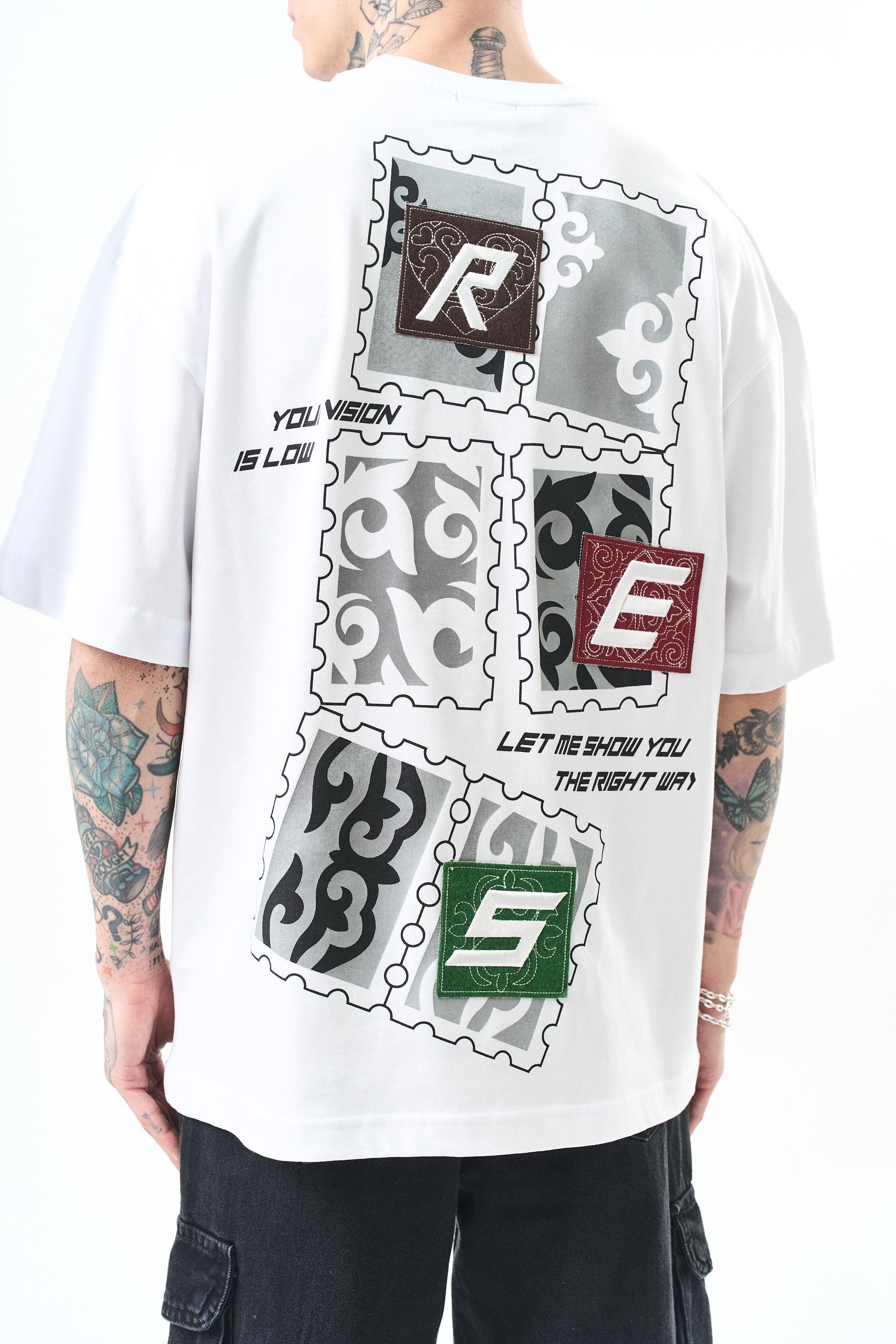 Erkek Low Vision Nakışlı Oversize T-Shirt Beyaz