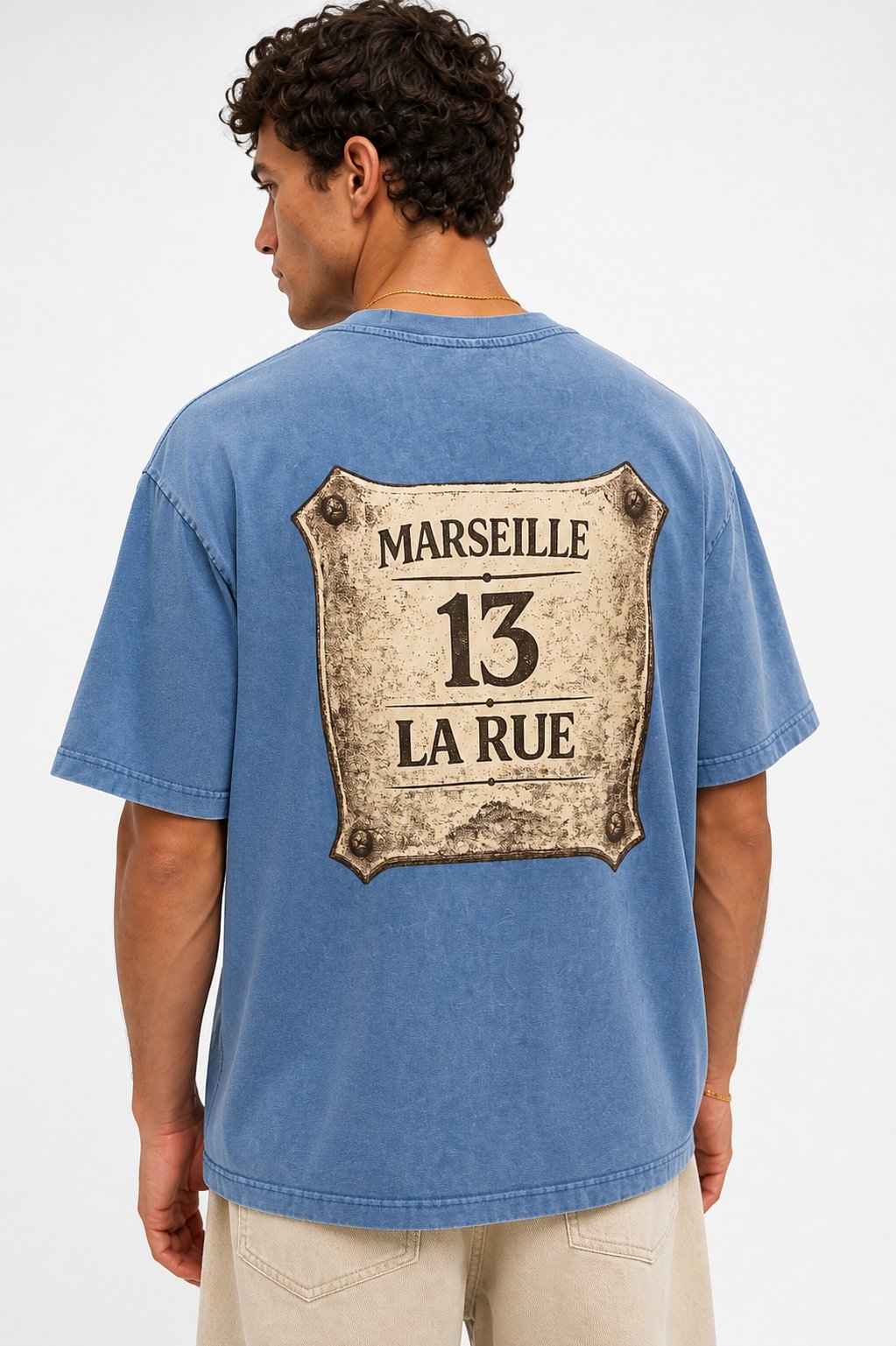 Erkek Marseille Baskılı Yıkamalı Oversize T-Shirt Bebe Mavi
