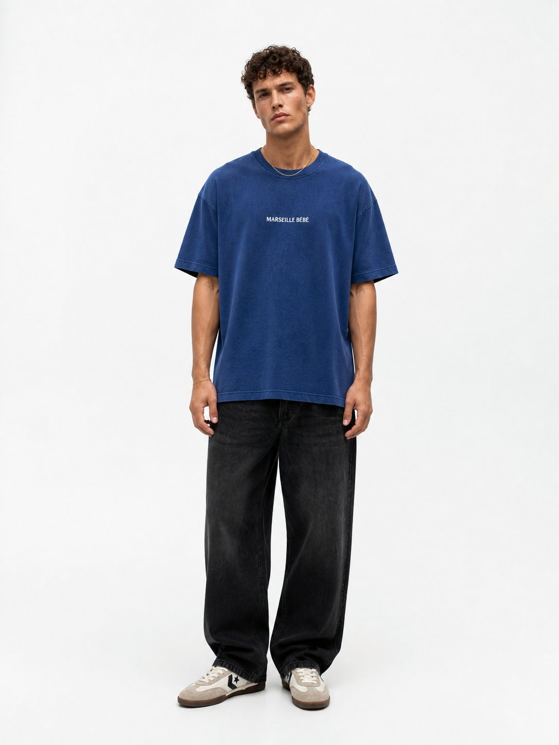 Erkek Marseille Baskılı Yıkamalı Oversize T-Shirt Lacivert